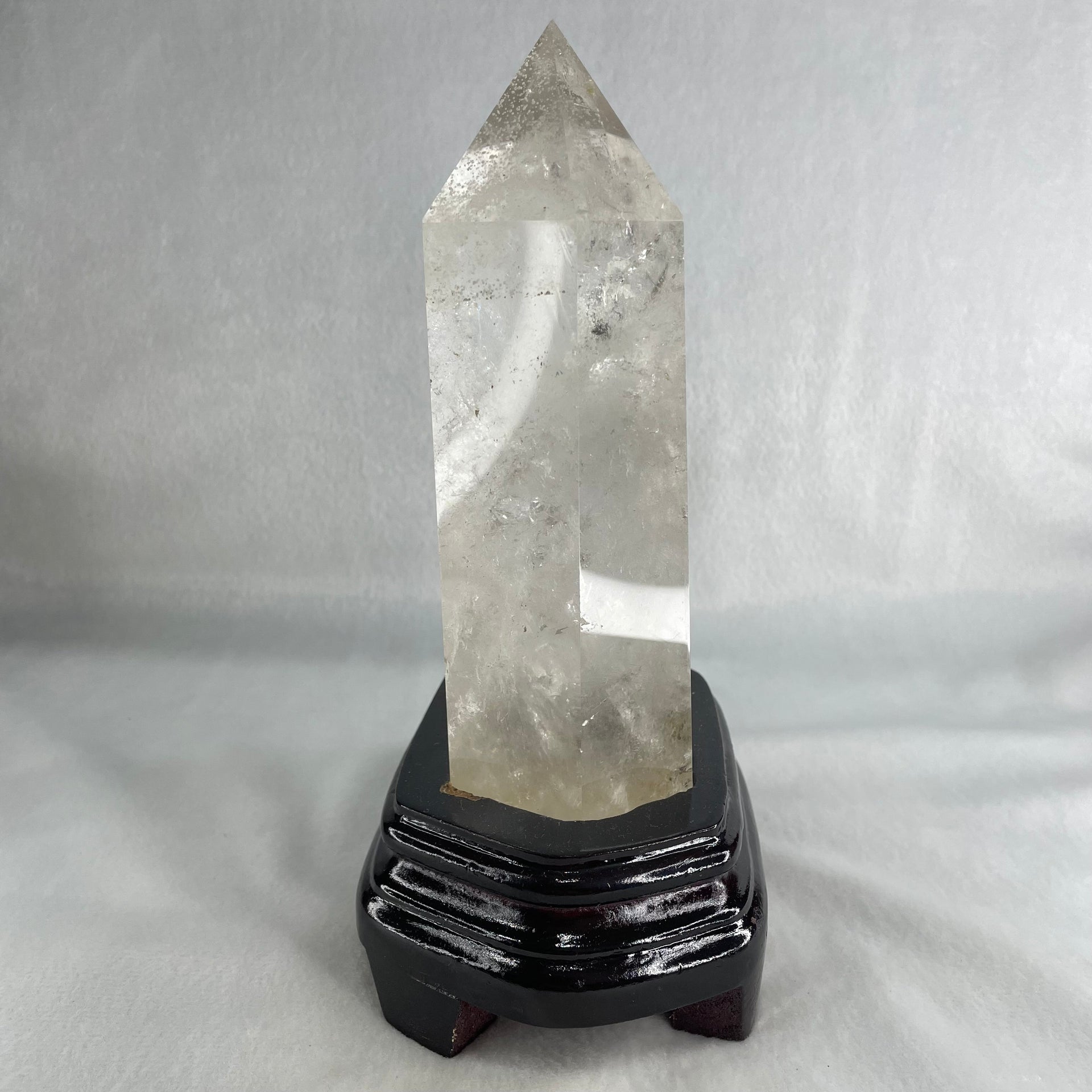 Natural Clear Quartz Tower with Wooden Stand Display 1188.6g 118.0 by 886 by 185.0mm - Huangs Jadeite and Jewelry Pte Ltd