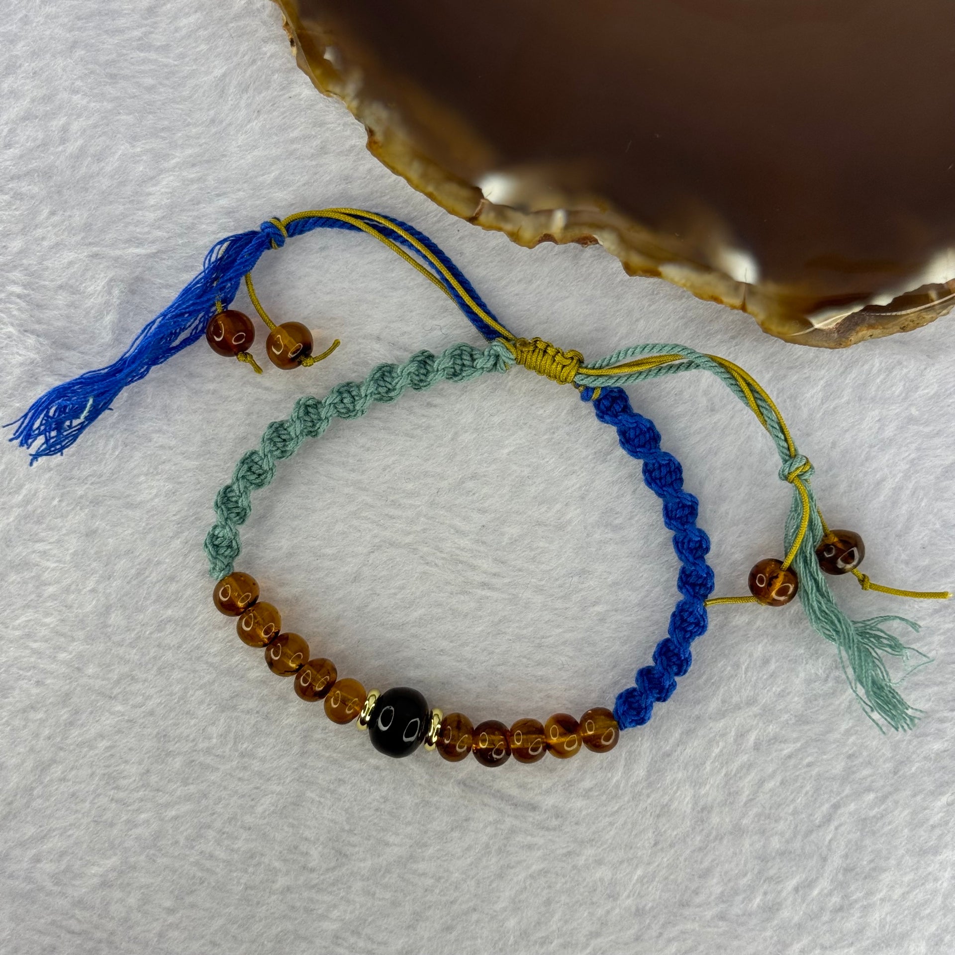 Natural Golden Medicine 6.1mm 10 Beads and Blood Red 9.3mm 1 Bead Amber String Bracelet 天然抚顺琥珀加黄金药琥珀手链 3.78g 15cm - Huangs Jadeite and Jewelry Pte Ltd