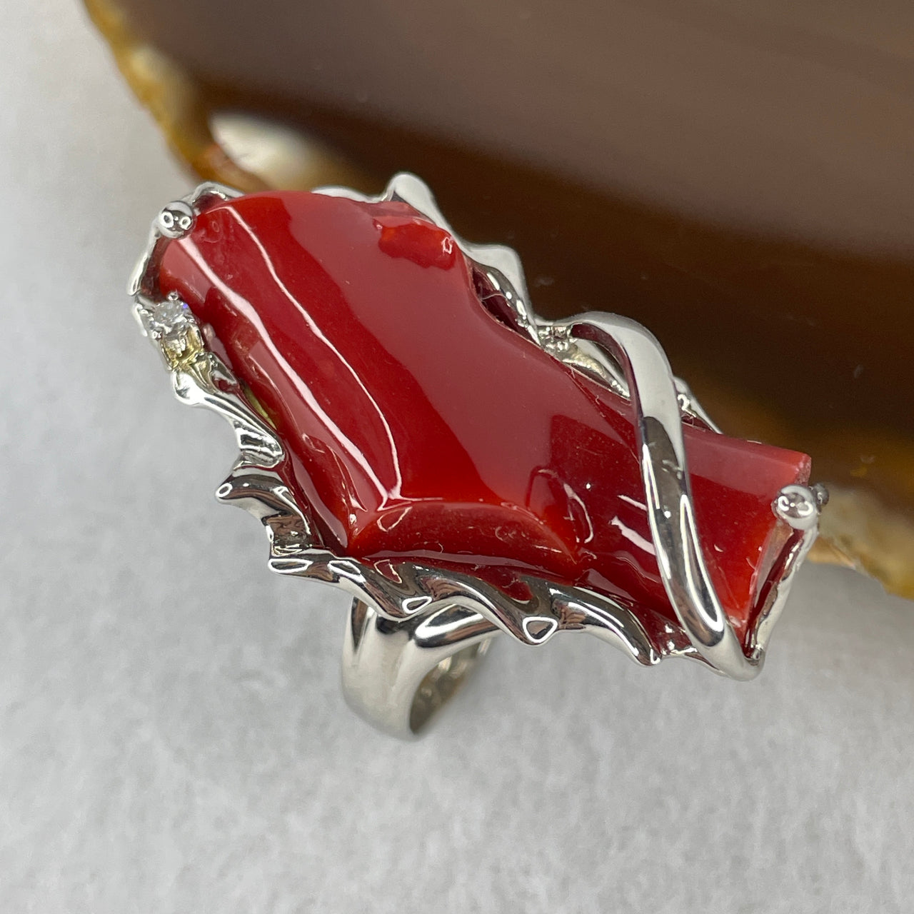 Rare Exceptional Grade Natural Red Coral & 0.05ct Natural Diamond PT900 Platinum Ring | Investment Heavy Solid Platinum Gemstone Ring (23.4g | US 9 / HK 20)