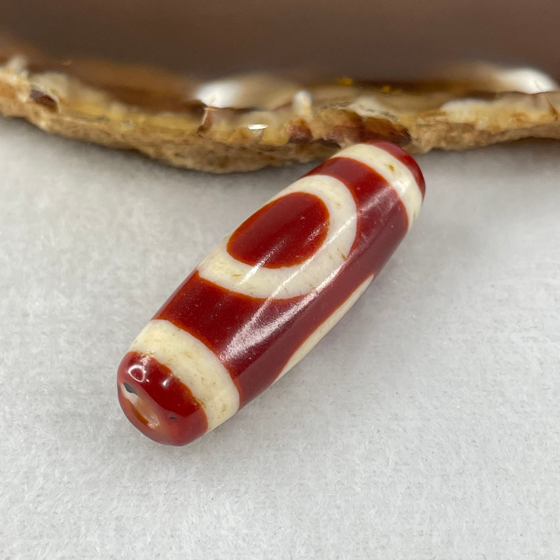 Natural Powerful Tibetan Old Oily Red White Agate One Eye Fire Sign Dzi Bead Heavenly Master (Tian Zhu) 一眼火天珠 10.21g 37.8 by 13.2mm - Huangs Jadeite and Jewelry Pte Ltd