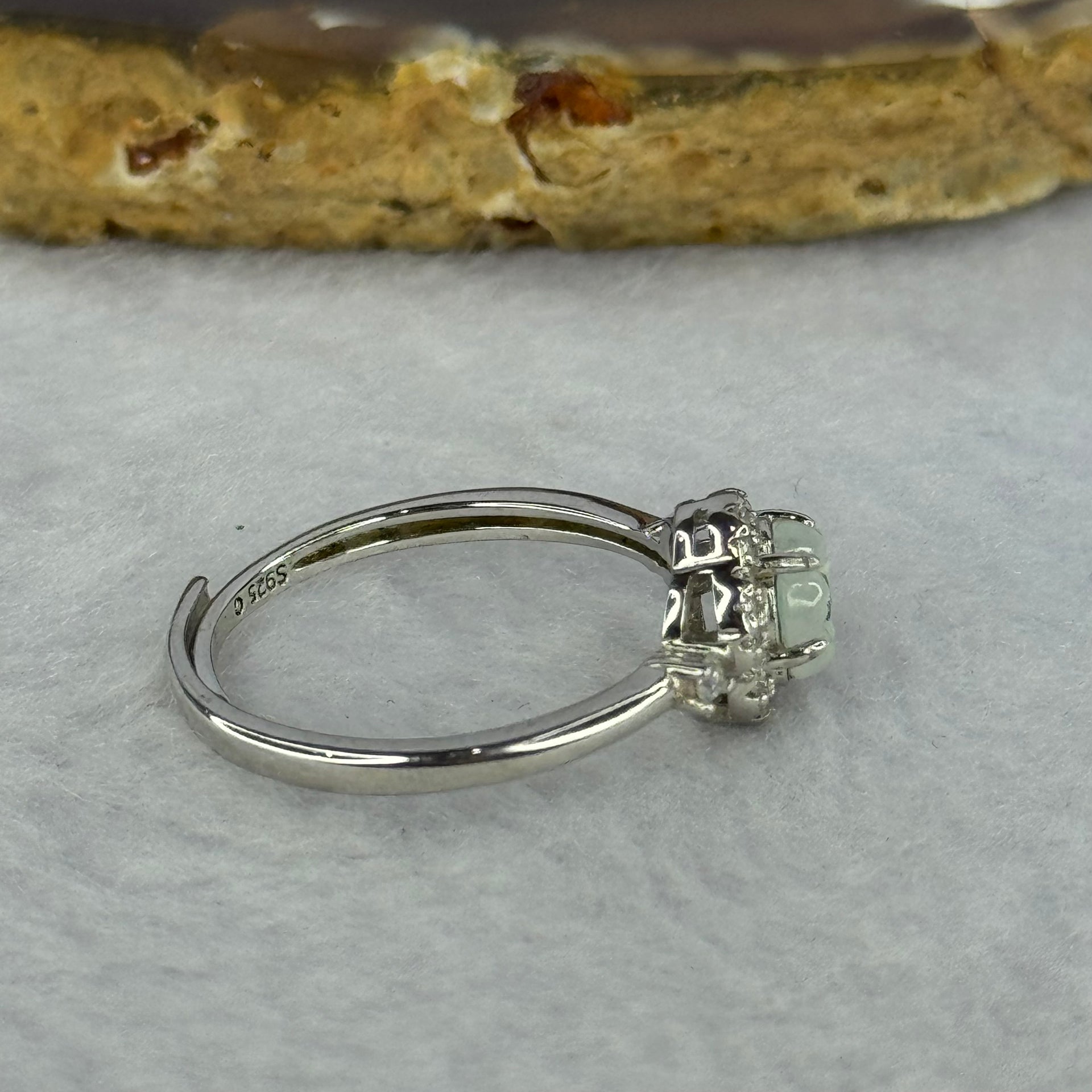 Type A Icy Light Green Jadeite Flower with Crystals in S925 Sliver Ring (Adjustable Size) 1.90g 6.0 by 2.5mm - Huangs Jadeite and Jewelry Pte Ltd