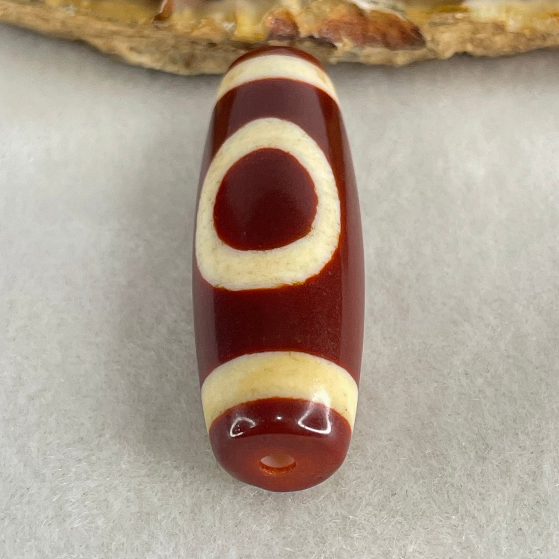 Natural Powerful Tibetan Old Oily Red White Agate One Eye Wood Element Dzi Bead Heavenly Master (Tian Zhu) 一眼木元素天珠 9.77g 37.6 by 13.0mm - Huangs Jadeite and Jewelry Pte Ltd