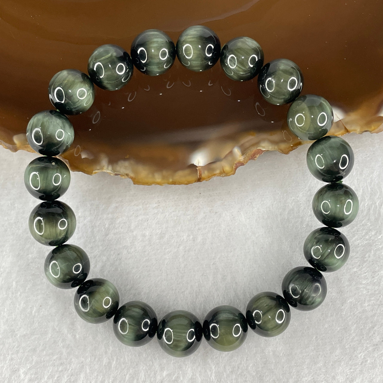 Very Very Good Grade Natural Green Rutilated Cat Eyes Quartz with Actinolite Yang Qi Shi Beads Bracelet 30.17g 17cm 10.3mm 20 Beads