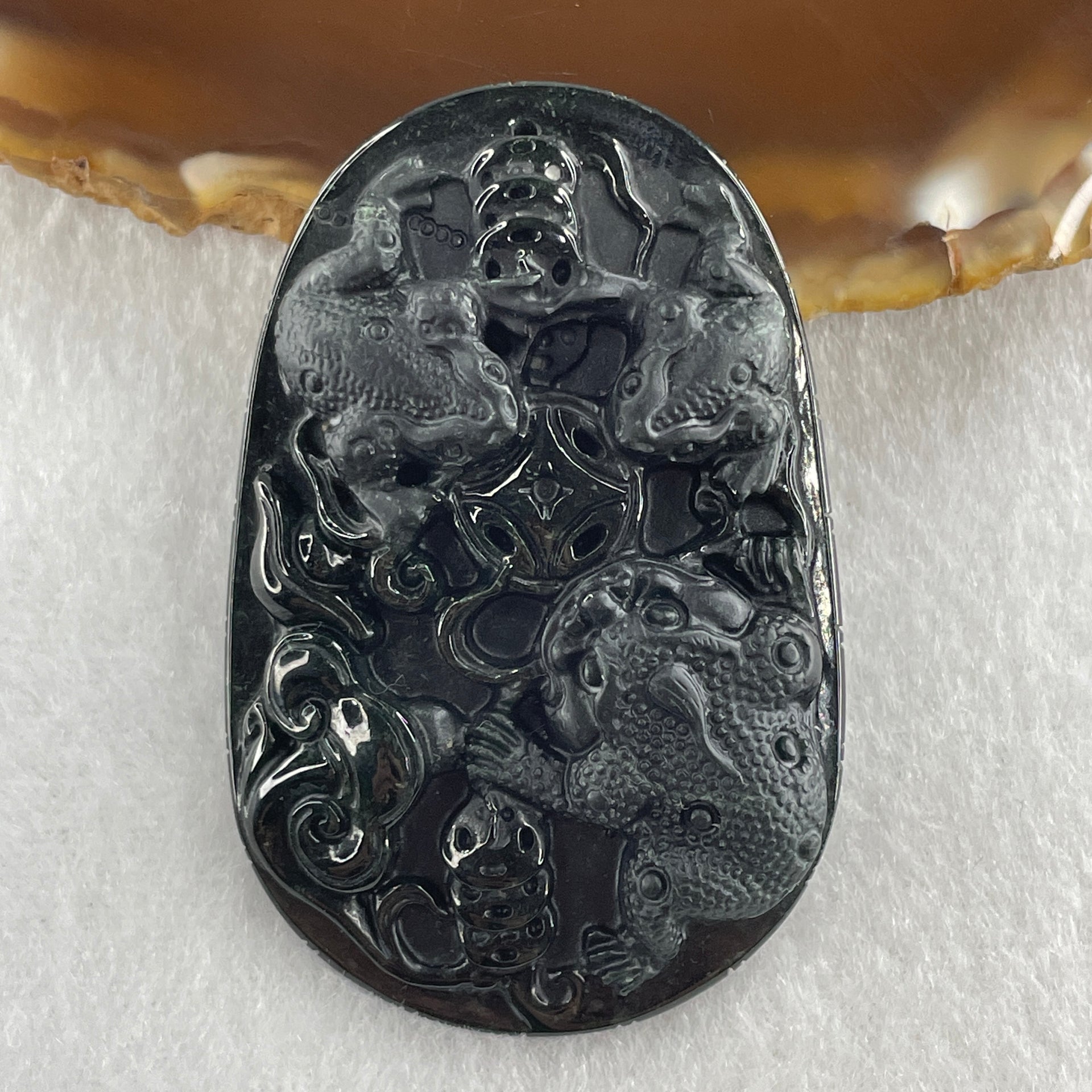 Type A Opaque to Partial Translucent Black Omphacite Jadeite Triple 3 Legged Toad Chan Chu with Coins and Ruyi Pendant 19.22g 53.0 by 34.7 by 7.6mm - Huangs Jadeite and Jewelry Pte Ltd