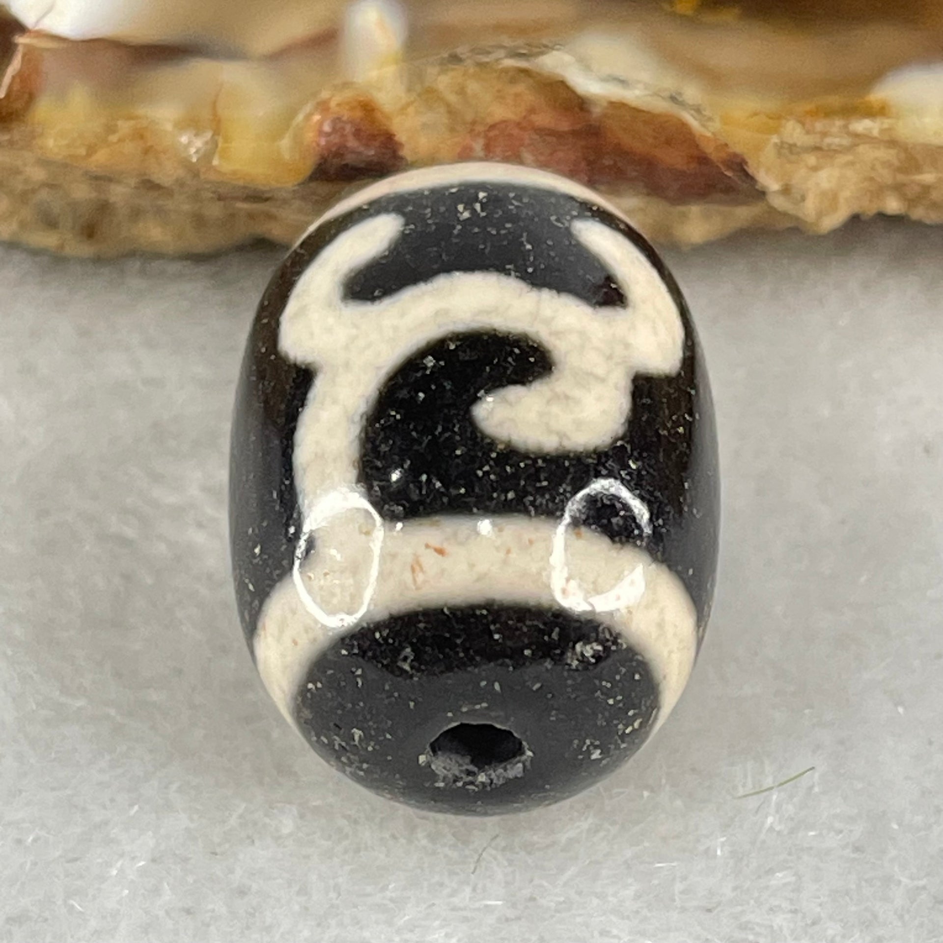 Natural Powerful Tibetan Old Oily Black White Agate Green Tara Dzi Bead Heavenly Master (Tian Zhu) 绿度母天珠 4.99g 17.9 by 13.4mm - Huangs Jadeite and Jewelry Pte Ltd