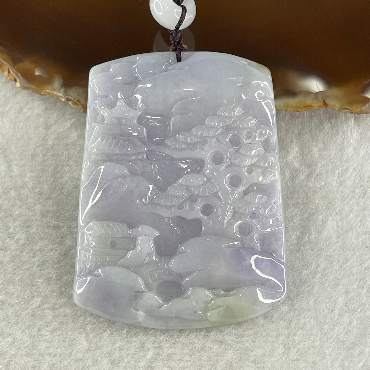 Natural Type A Lavender with Green Spots Jadeite Shan Shui with Gui Ren Benefactor Pendant 38.03g 56.5 by 43.7 by 6.8mm - Huangs Jadeite and Jewelry Pte Ltd