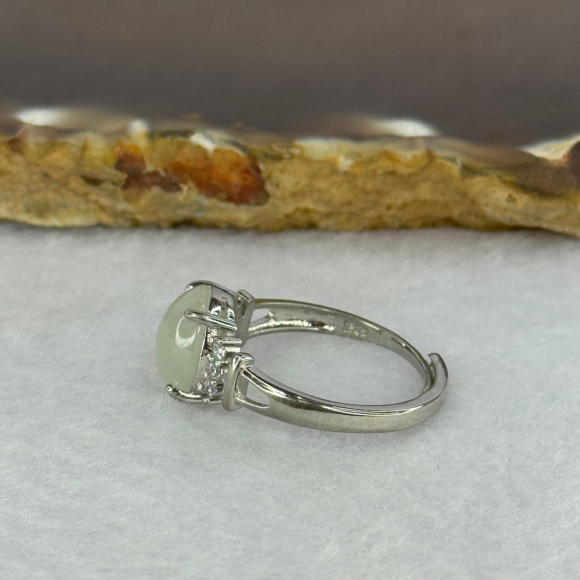 Type A Light Green Jadeite with Crystals in S925 Sliver Ring (Adjustable Size) 2.02g 9.7 by 8.2 by 3.5mm - Huangs Jadeite and Jewelry Pte Ltd