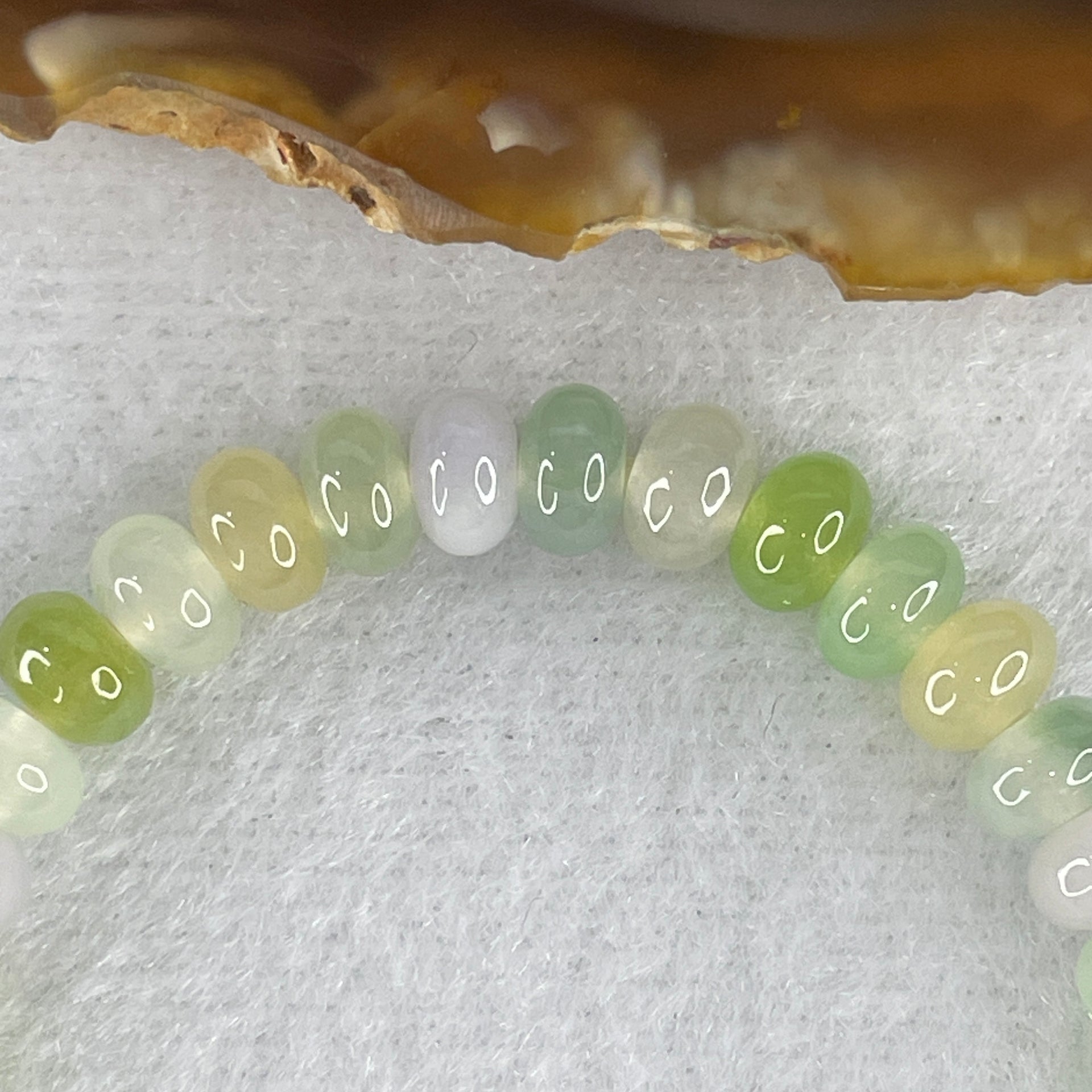 Natural Type A Muti Green with Lavender Yellowish Jadeite Donut Bracelet 12.93g 15cm 6.3mm 42 Beads - Huangs Jadeite and Jewelry Pte Ltd