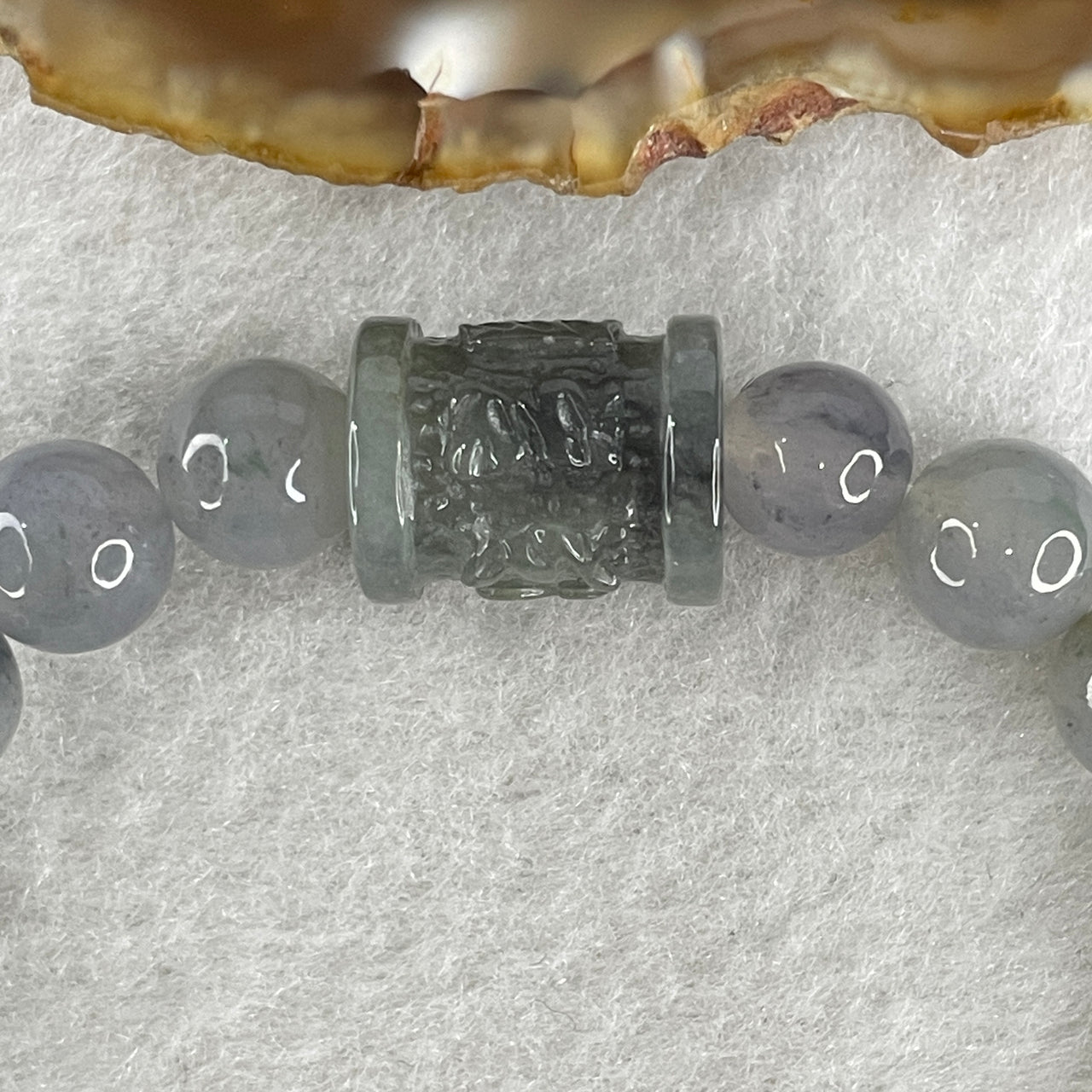 Certified Natural Type A Semi icy Wuyji Grey Jadeite Beads with Lulutong Charm Bracelet 25.45g 15cm 8.4mm 20 Beads - 14.5 by 11.8mm Lulutong - Huangs Jadeite and Jewelry Pte Ltd