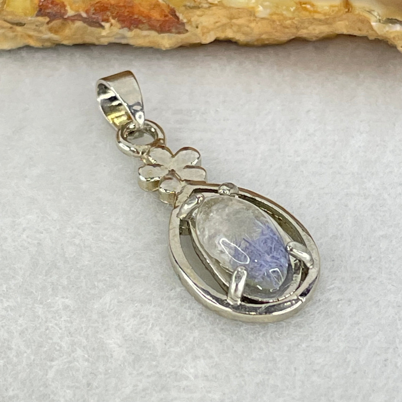 Good Grade Rare Natural Blue Dumortierite Rutilated Quartz in S925 Pendant 2.10g 11.6 by 6.0 by 3.5mm - Huangs Jadeite and Jewelry Pte Ltd