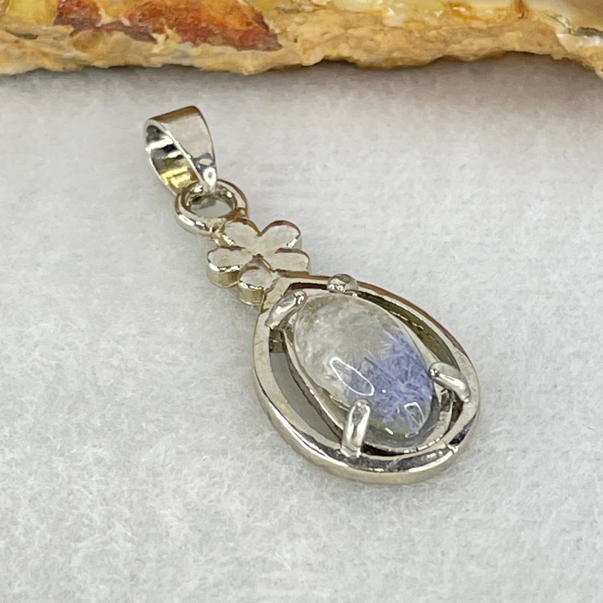 Good Grade Rare Natural Blue Dumortierite Rutilated Quartz in S925 Pendant 2.10g 11.6 by 6.0 by 3.5mm - Huangs Jadeite and Jewelry Pte Ltd