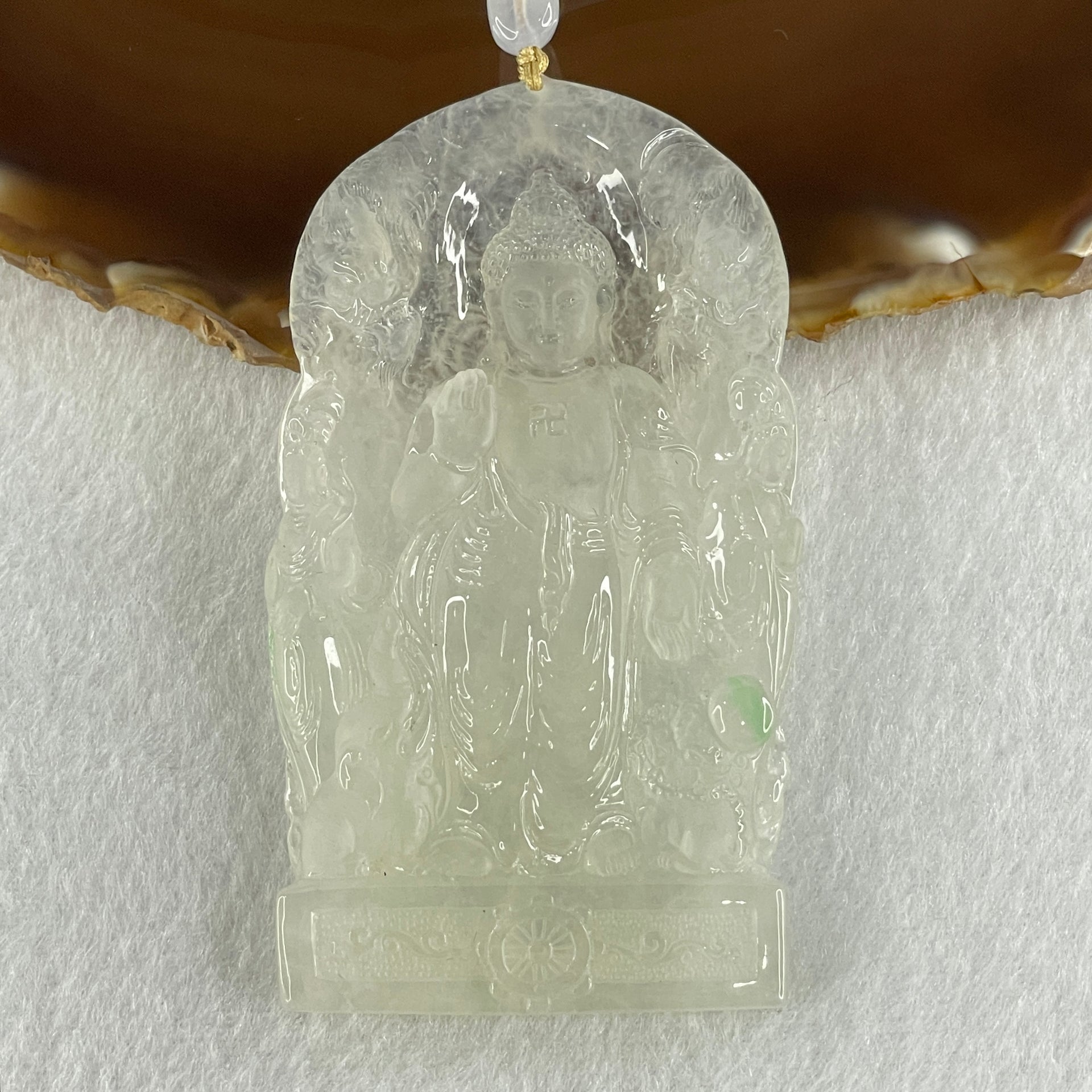 Rare Type A Icy White to Colorless with Green Spot Jadeite Amitabha Buddha with Buddha Double Side and Double Dragon and Elephants Pendant 68.88g 80.5 by 46.3 by 7.9mm - Huangs Jadeite and Jewelry Pte Ltd