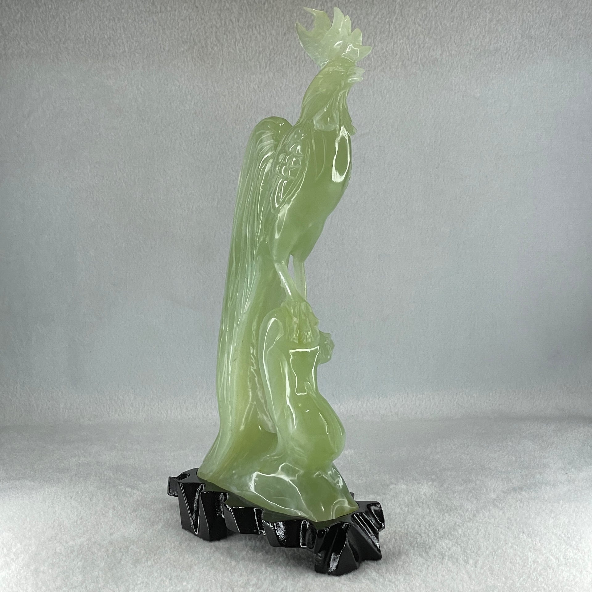 Natural Green Serpentine Rooster on Tree with Wooden Stand Display 820.9g 128.0 by 265.0 by 62.0mm - Huangs Jadeite and Jewelry Pte Ltd
