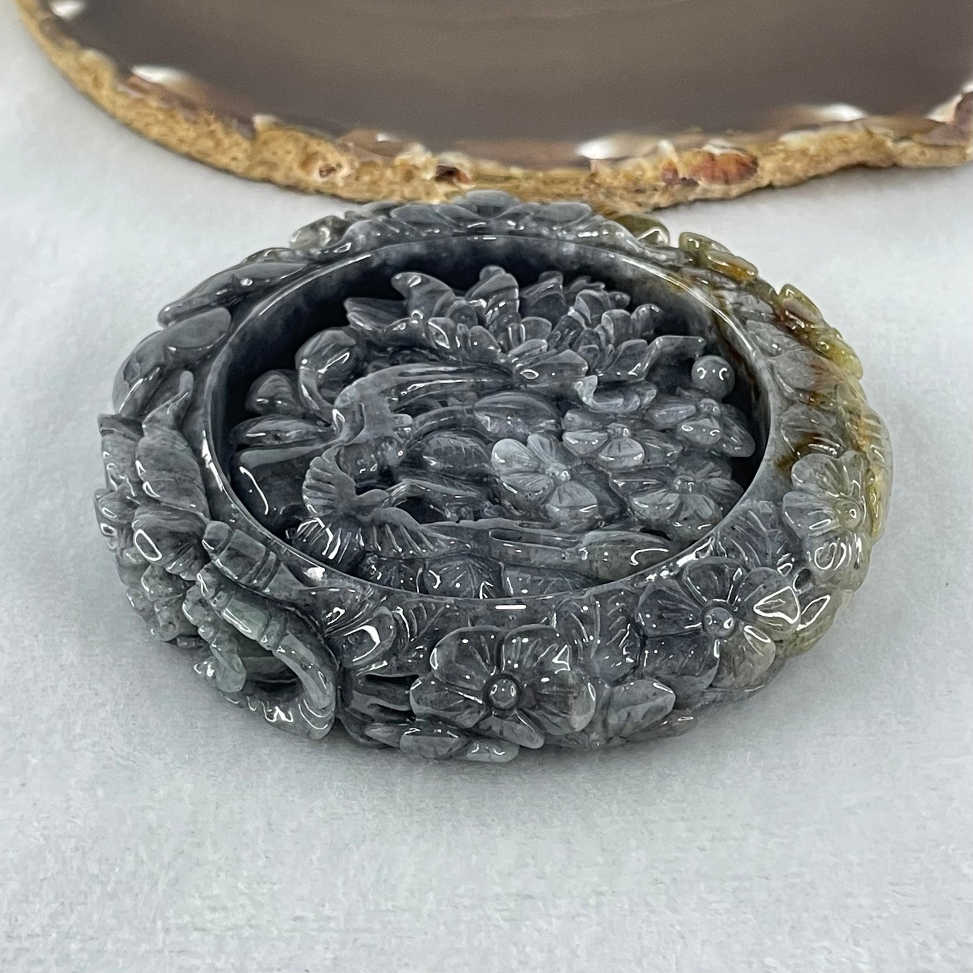Type A Wuji Grey with Brown Jadeite Bird with Prosperity Flowers and Ruyi Bangle Inner Diameter 58.4mm 14.1 by 13.5mm and Pendant 56.5 by 14.4mm Total Weight 192.46g - Huangs Jadeite and Jewelry Pte Ltd