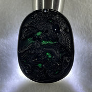 Type A Opaque to Partial Translucent Black Omphacite Jadeite Dragon and Phoenix Pendant 20.96g 50.2 by 38.3 by 8.4mm - Huangs Jadeite and Jewelry Pte Ltd