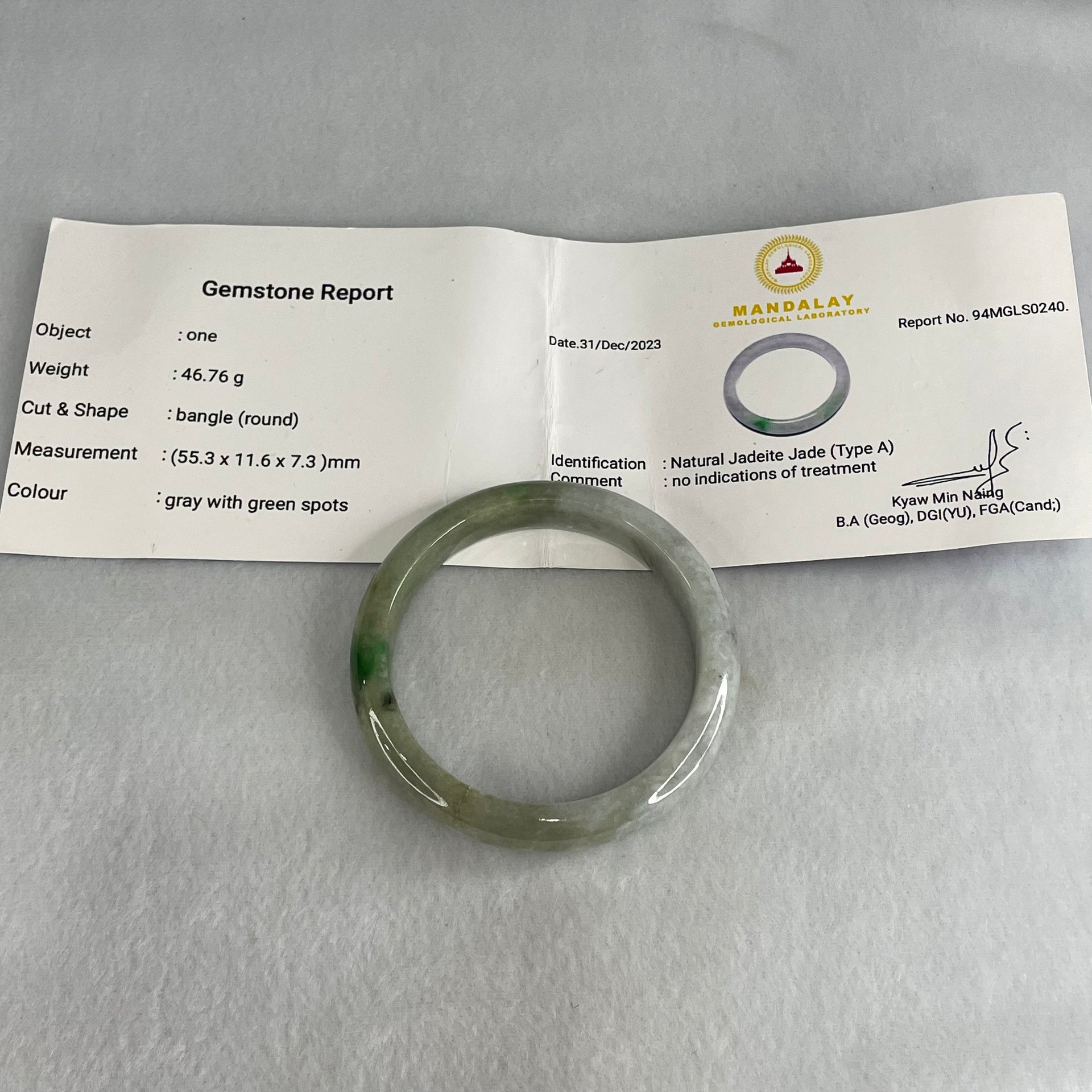 Type A Light Blueish Green with Spicy Green Piao Hua Jadeite Bangle 46.76g Inner Diameter 56.9mm 11.8 by 8.0mm (External Line with Very Slight Internal Lines) - Huangs Jadeite and Jewelry Pte Ltd