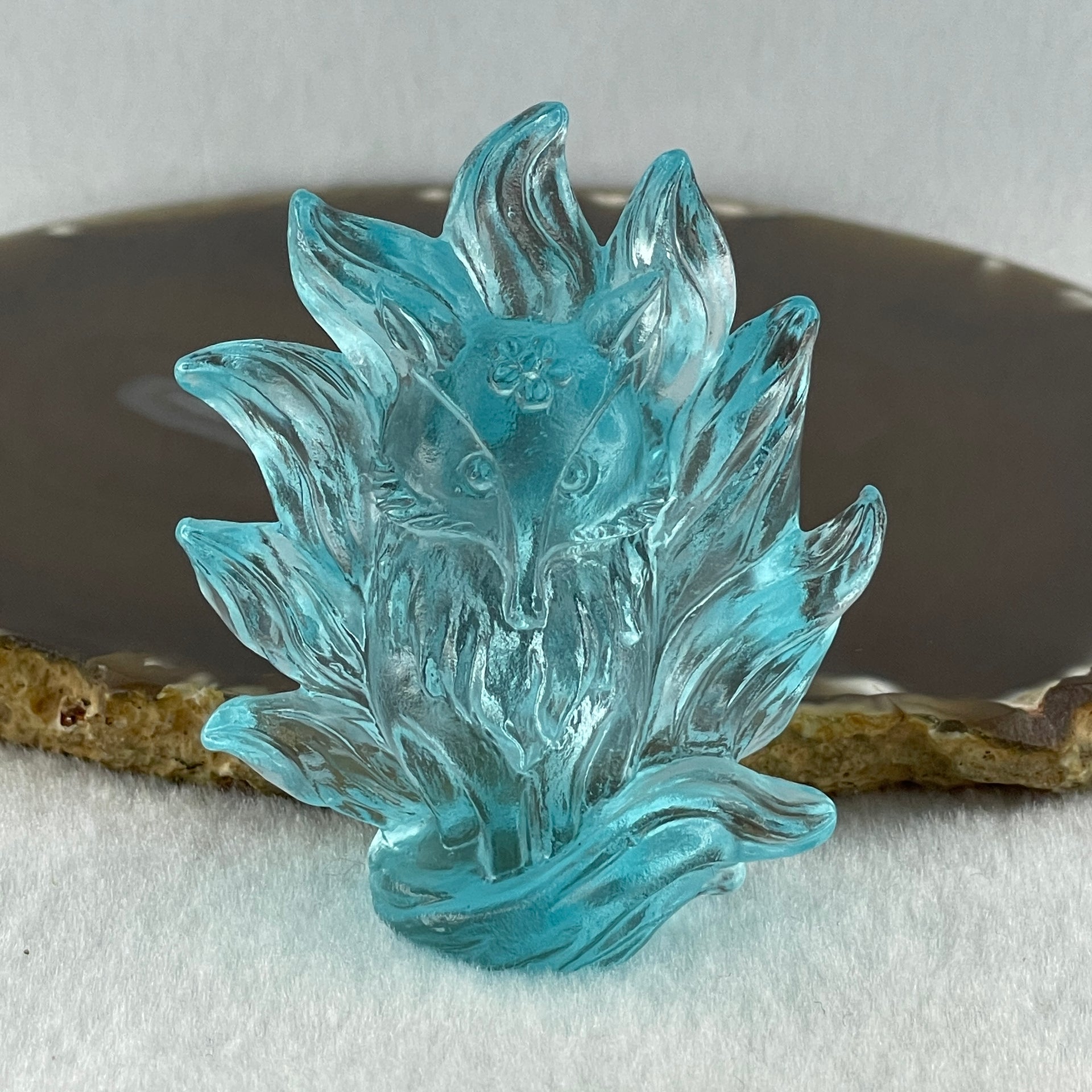 Liuli Blue 9 Tail Fox Display 74.92g 52.5 by 26.0 by 64.3mm - Huangs Jadeite and Jewelry Pte Ltd