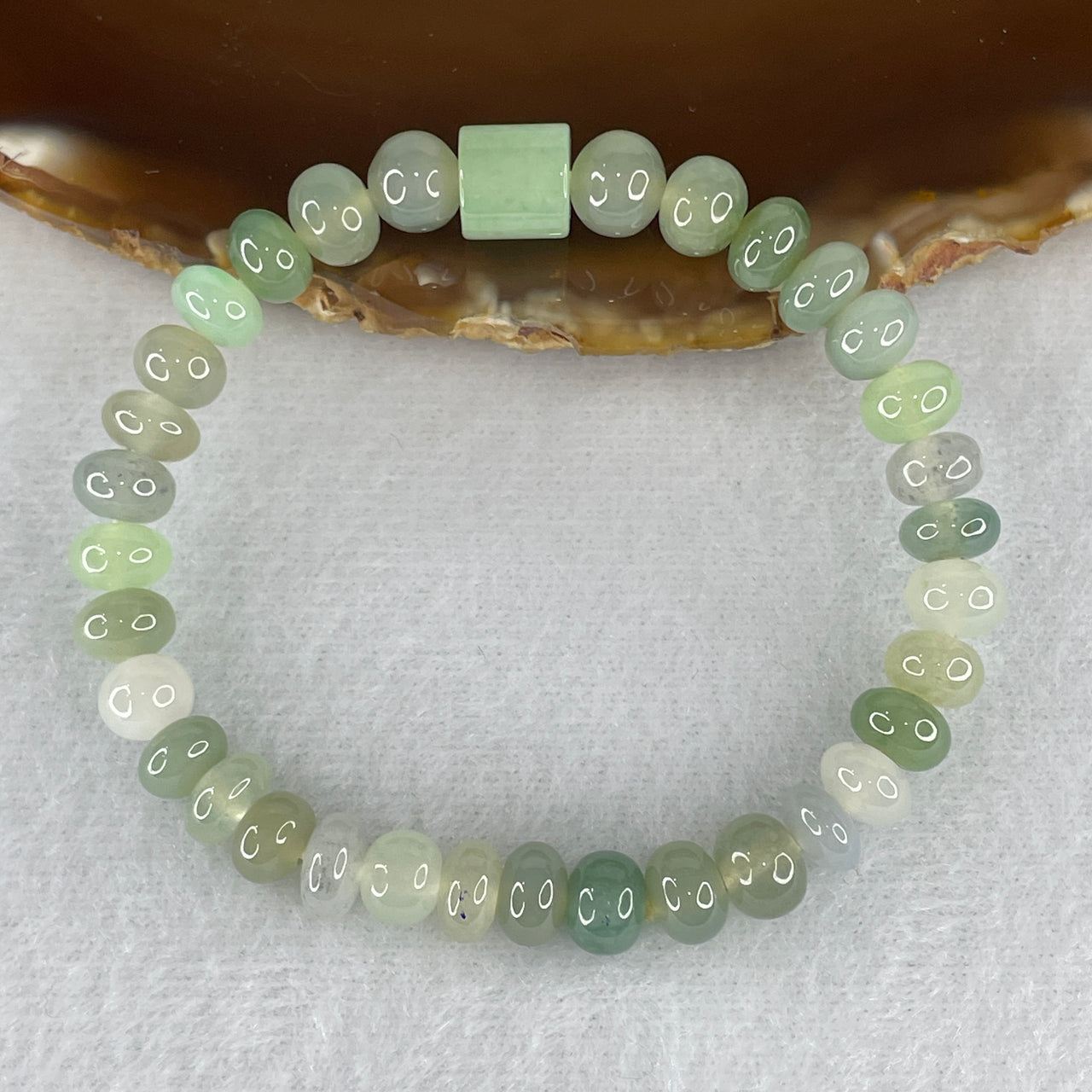 Natural Type A Muti Green Jadeite Donut with Lulutong Charm Bracelet 18.94g 15cm 7.6mm 33 Beads - 8.2 by 8.4mm Lulutong - Huangs Jadeite and Jewelry Pte Ltd