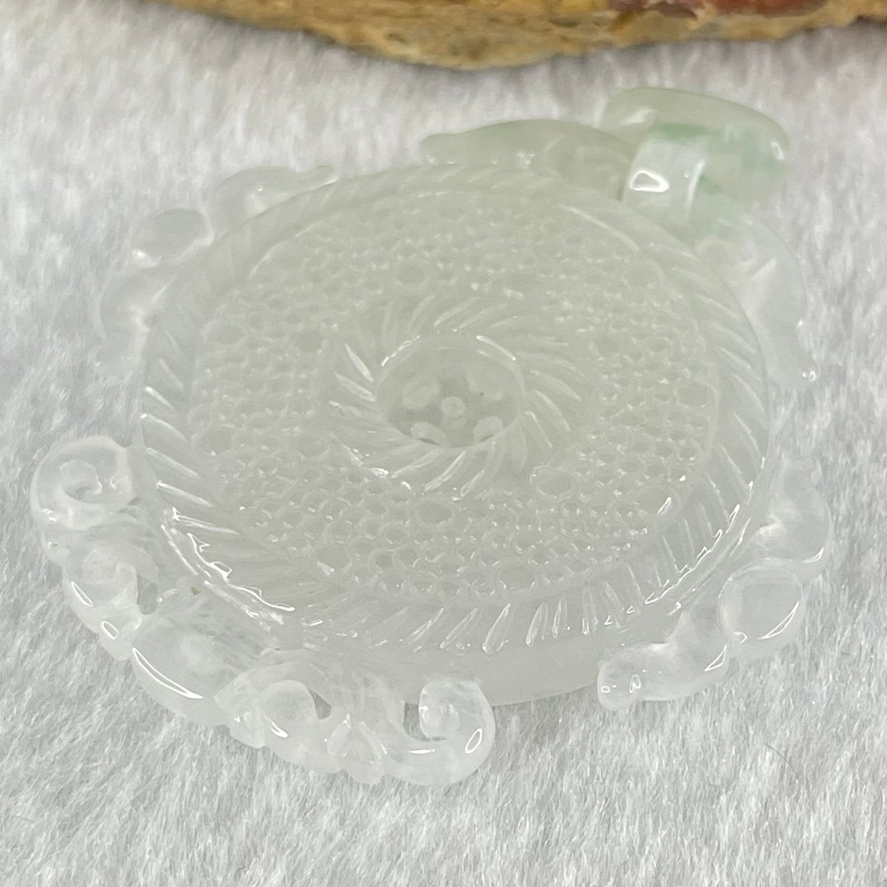 Type A Semi Icy White Jadeite Floral Ping An Kou Donut Pendant 16.76g 45.4 by 43.3 by 5.6mm - Huangs Jadeite and Jewelry Pte Ltd