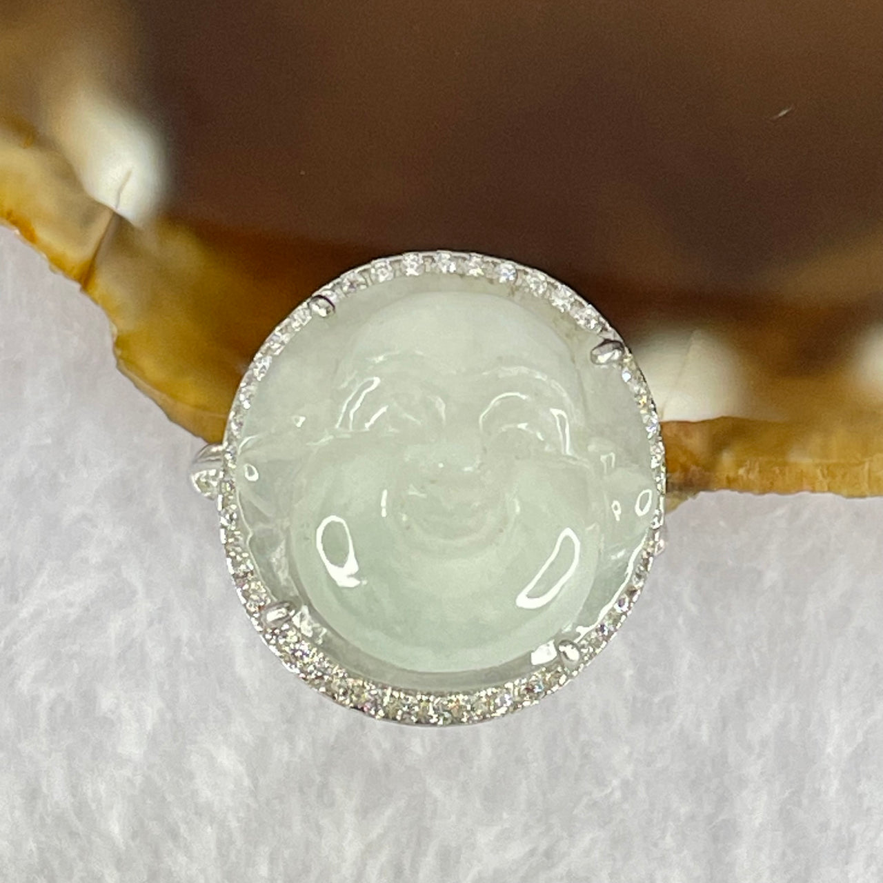 Type A Faint Lavender Green Jadeite Milo Buddha in S925 Ring (Adjustable Size) 6.28g 16.6 by 16.6 by 9.2mm - Huangs Jadeite and Jewelry Pte Ltd