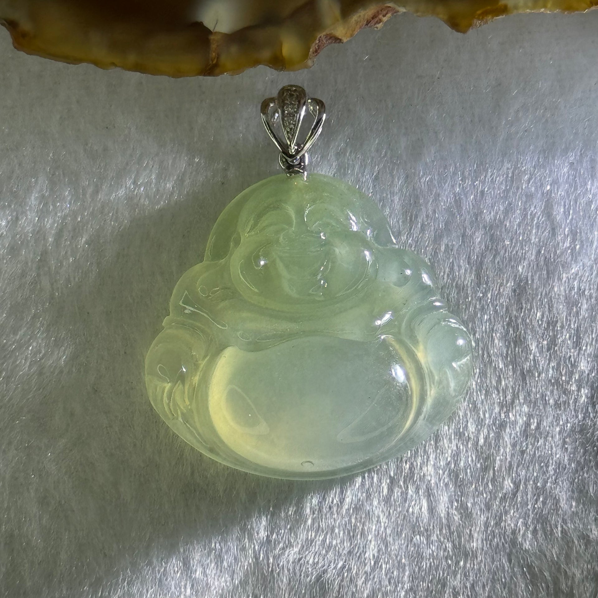 18K 750 White Gold Type A Icy Light Green Jadeite Milo Buddha with Diamonds Pendant 6.71g 26.6 by 28.0 by 6.0mm - Huangs Jadeite and Jewelry Pte Ltd