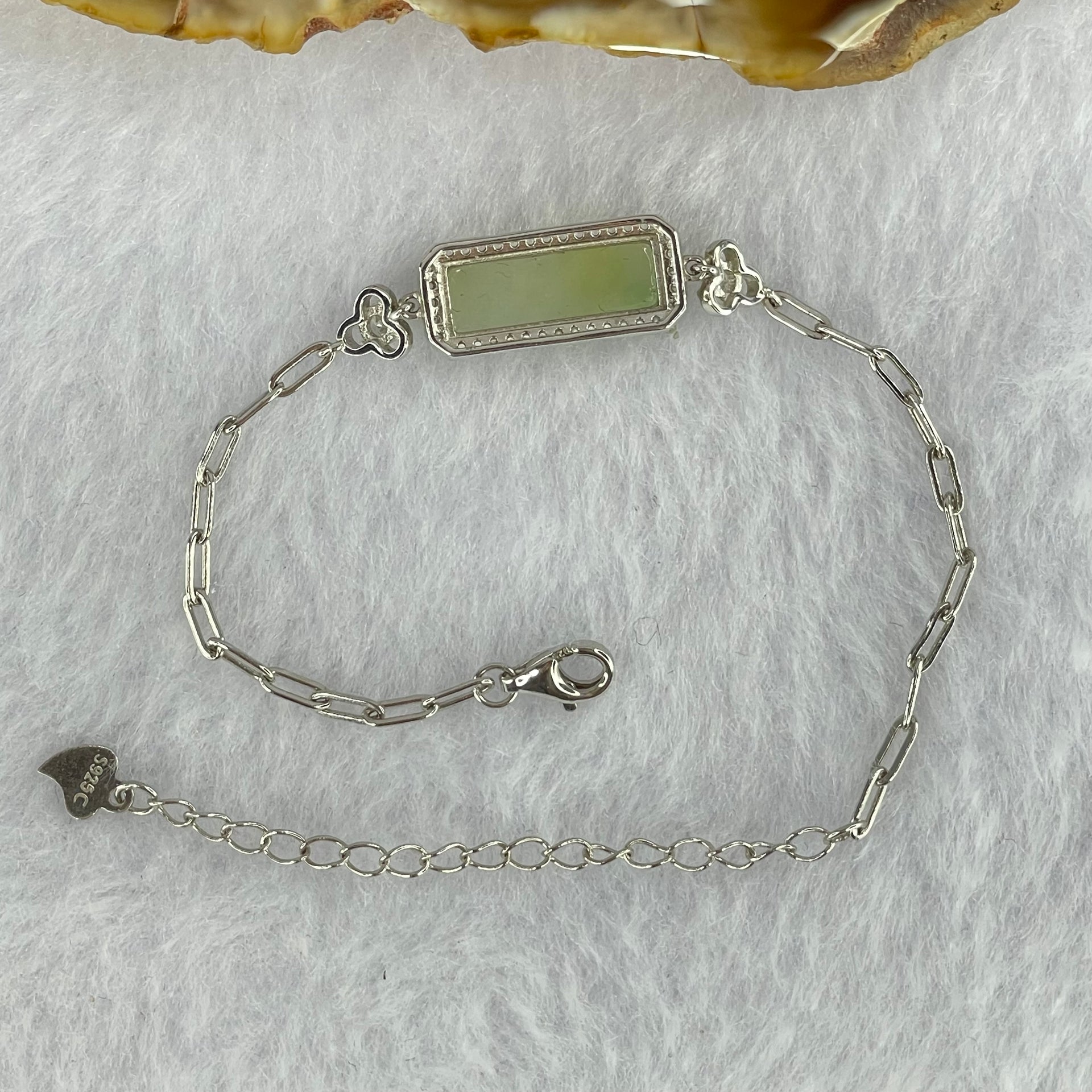 Type A Icy Light Green Jadeite Wu Shi Pai with Crystals in S925 Sliver Bracelet 5.06g 16.6 by 7.4 by 2.5mm - Huangs Jadeite and Jewelry Pte Ltd