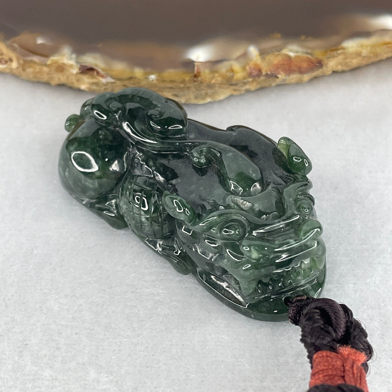 Natural Type A Old Mine Dark Blueish Green Jadeite Pixiu Pendant | Certified Untreated Fei Cui Gemstone Carving (39.24g | 48.2mm x 25.0mm x 15.3mm)