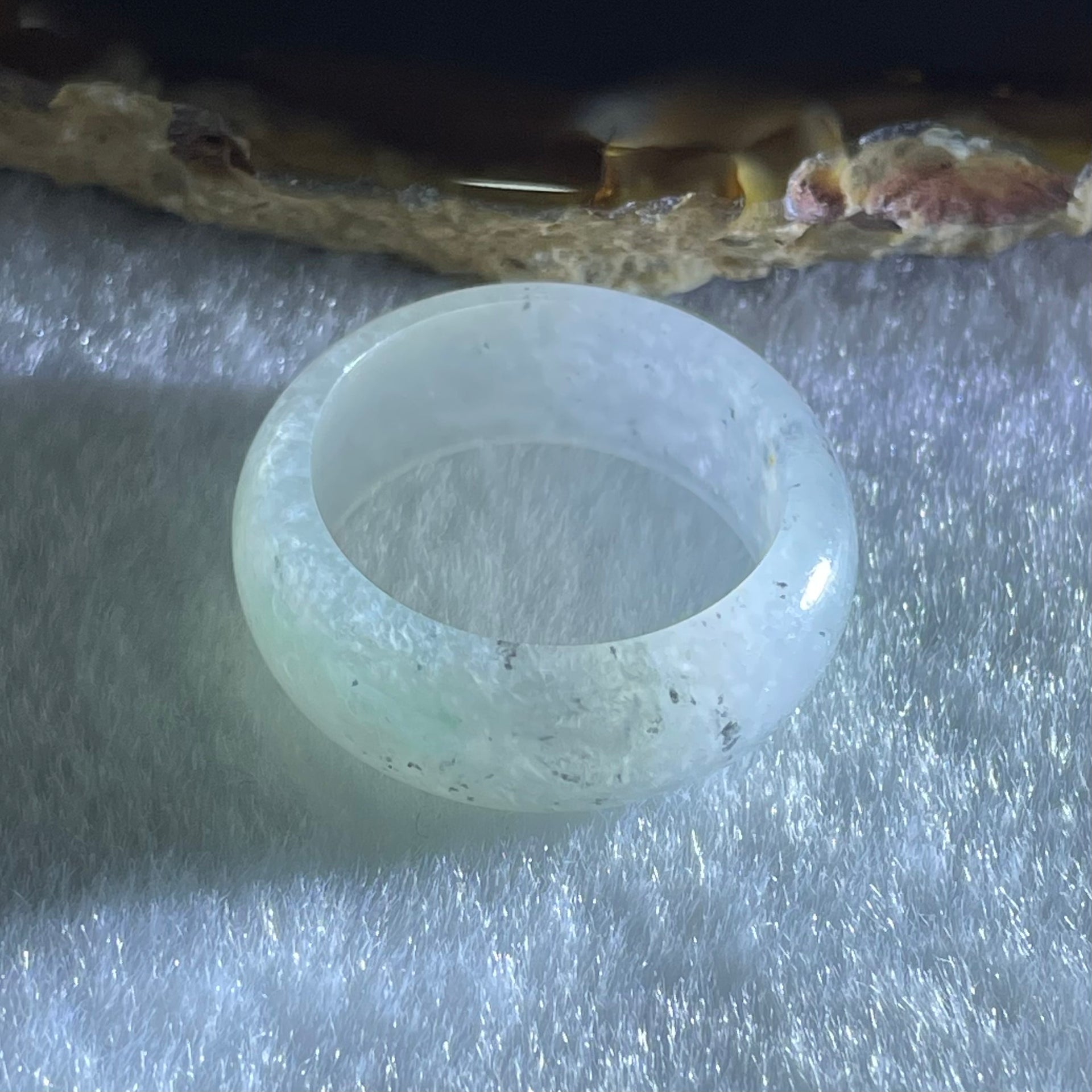 Type A Faint Lavender Green Close to White with Wuji Black Grey Patches Jadeite Ring 5.52g 8.8 by 3.6mm US9.3 HK20.8 - Huangs Jadeite and Jewelry Pte Ltd