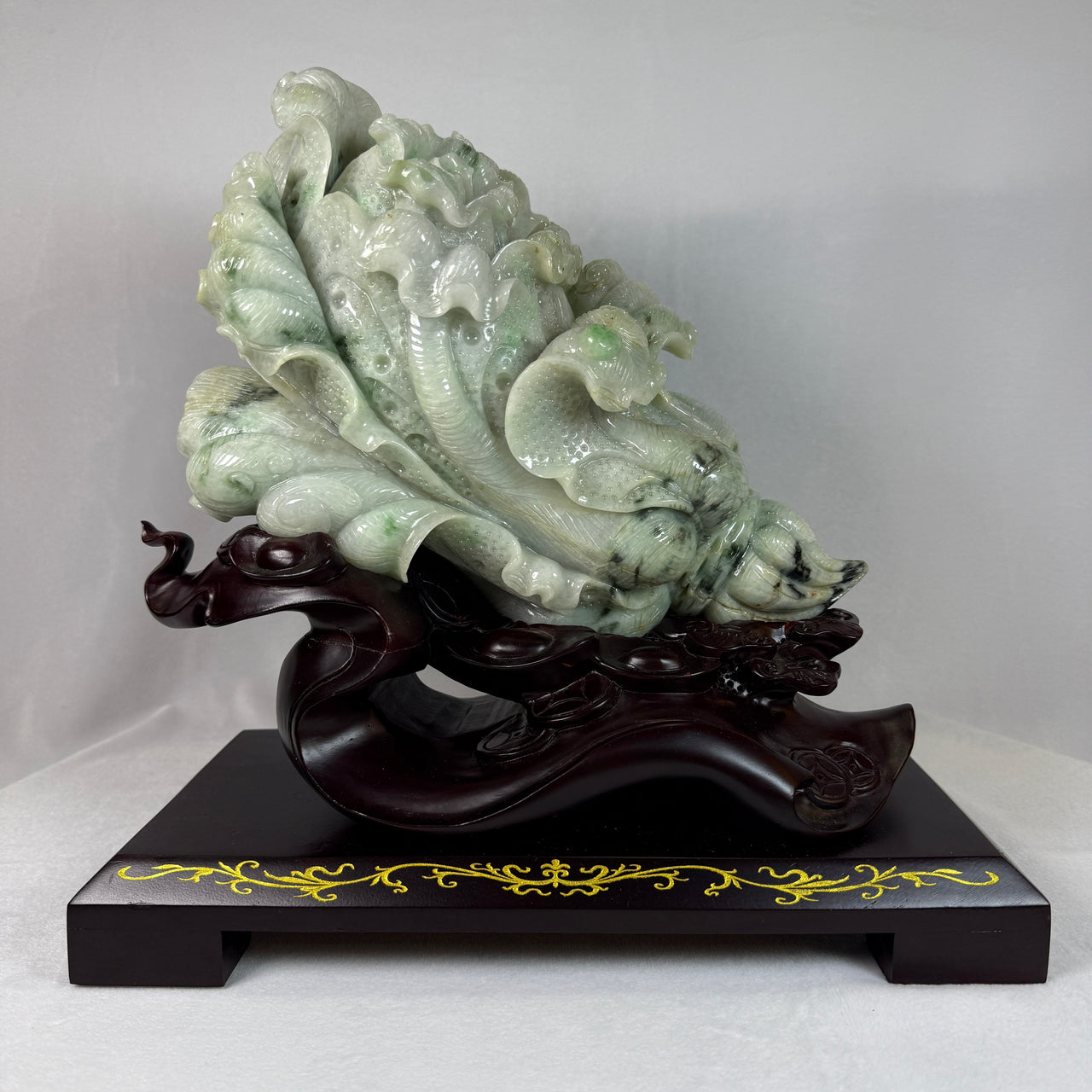 Natural Type A Jadeite Light Green Faint Lavender with Blueish Green Piao Hua Cabbage with Wooden Stand Display 4,724.3g 325.0 by 170.0 by 320.0mm - Huangs Jadeite and Jewelry Pte Ltd