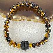 Natural Dark Brownish Yellow Flower Amber Beads Bracelet 天然抚顺金珀手链 7.13g 15.5cm 7.9mm 29 Beads - Huangs Jadeite and Jewelry Pte Ltd