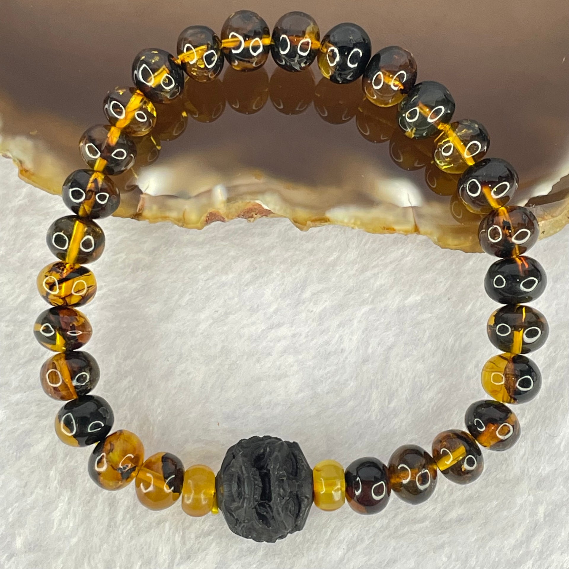Natural Dark Brownish Yellow Flower Amber Beads Bracelet 天然抚顺金珀手链 7.13g 15.5cm 7.9mm 29 Beads - Huangs Jadeite and Jewelry Pte Ltd