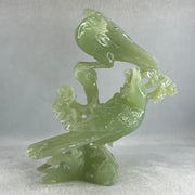 Natural Light Green Serpentine Javan Mynah Twin Birds on Flower Tree with Wooden Stand Display 1,043.4g 115.0 by 125.0 by 210.0mm - Huangs Jadeite and Jewelry Pte Ltd