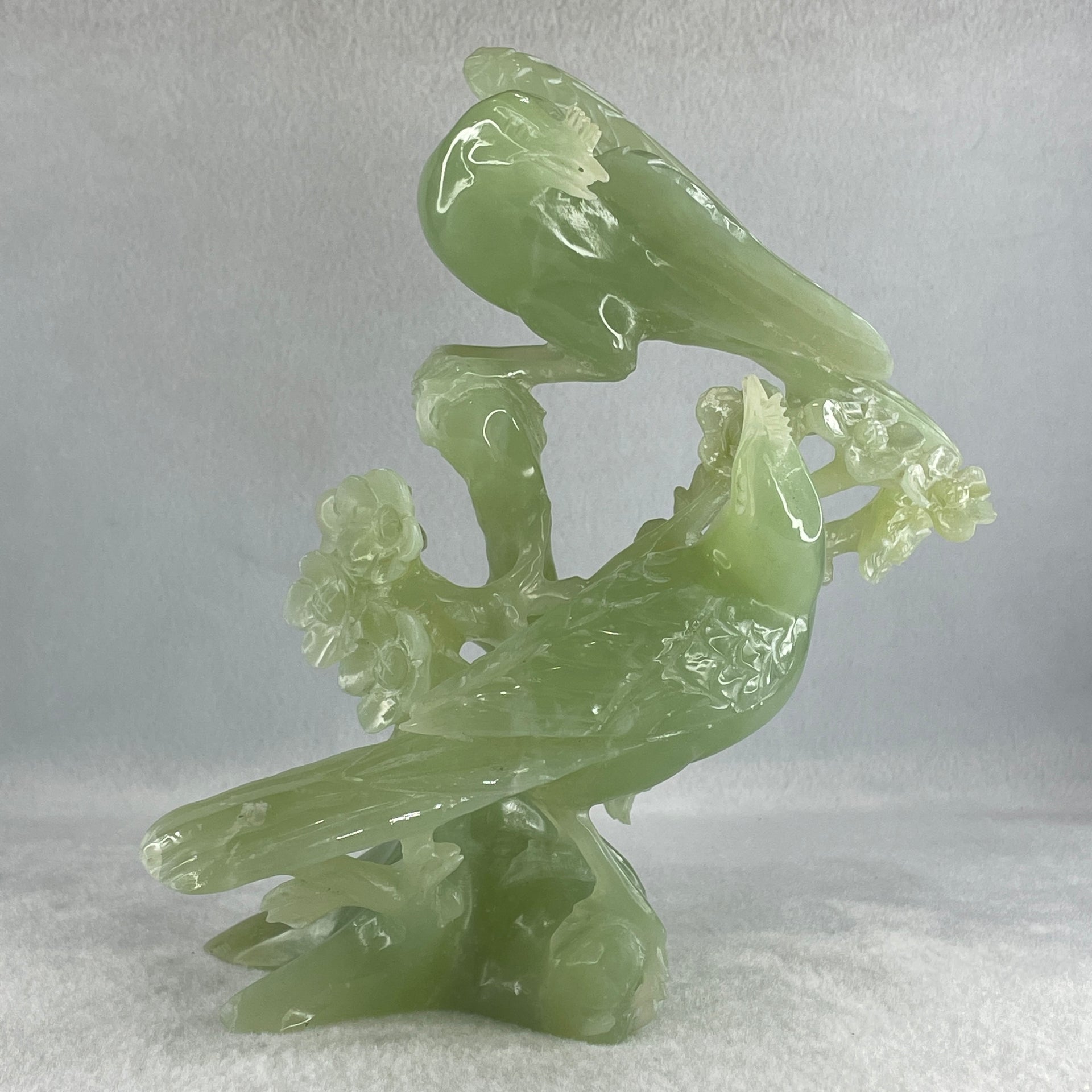 Natural Light Green Serpentine Javan Mynah Twin Birds on Flower Tree with Wooden Stand Display 1,043.4g 115.0 by 125.0 by 210.0mm - Huangs Jadeite and Jewelry Pte Ltd