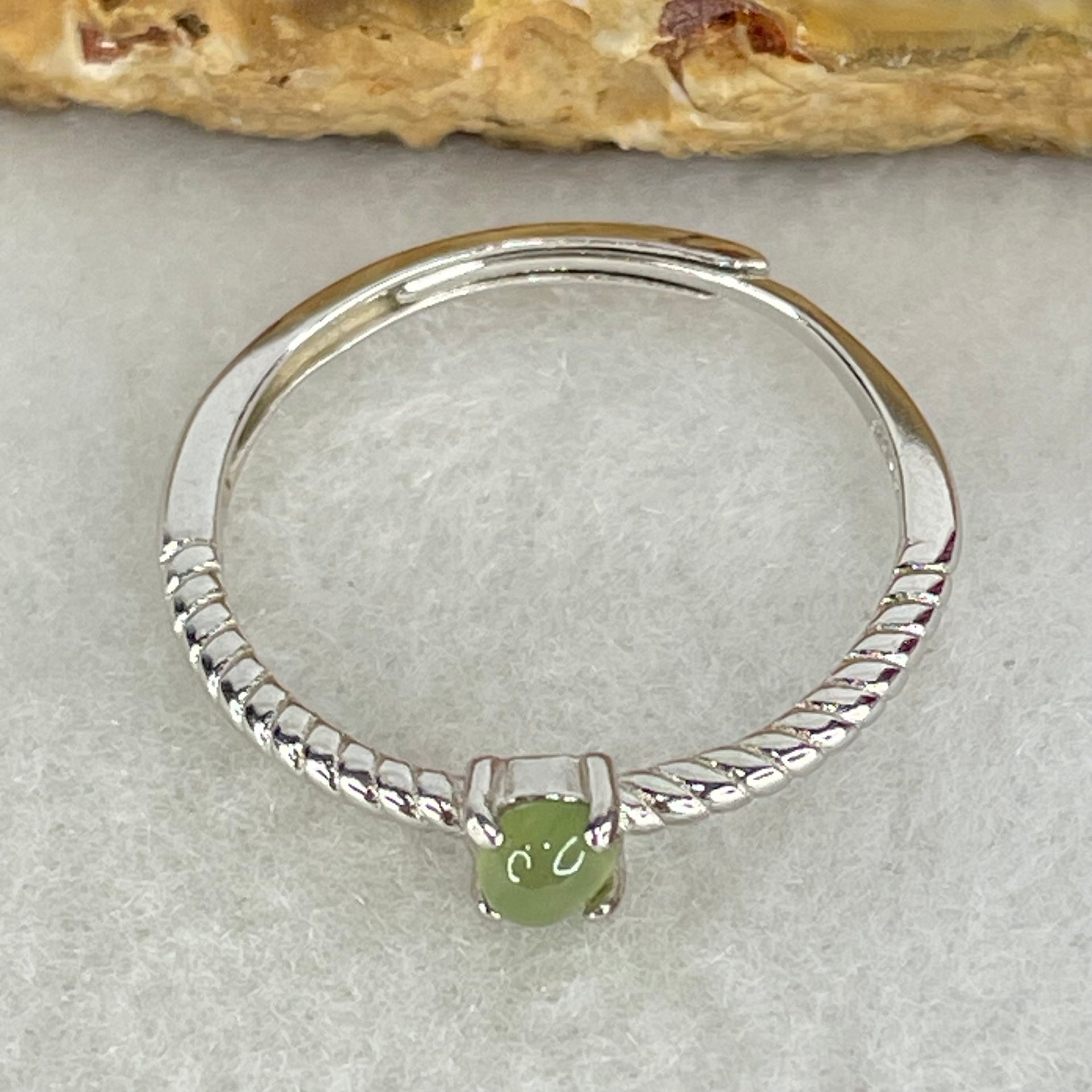 Type A Semi Icy Green Cabochon Jadeite in S925 Sliver Ring (Adjustable Size) 0.98g 3.5 by 1.8mm - Huangs Jadeite and Jewelry Pte Ltd