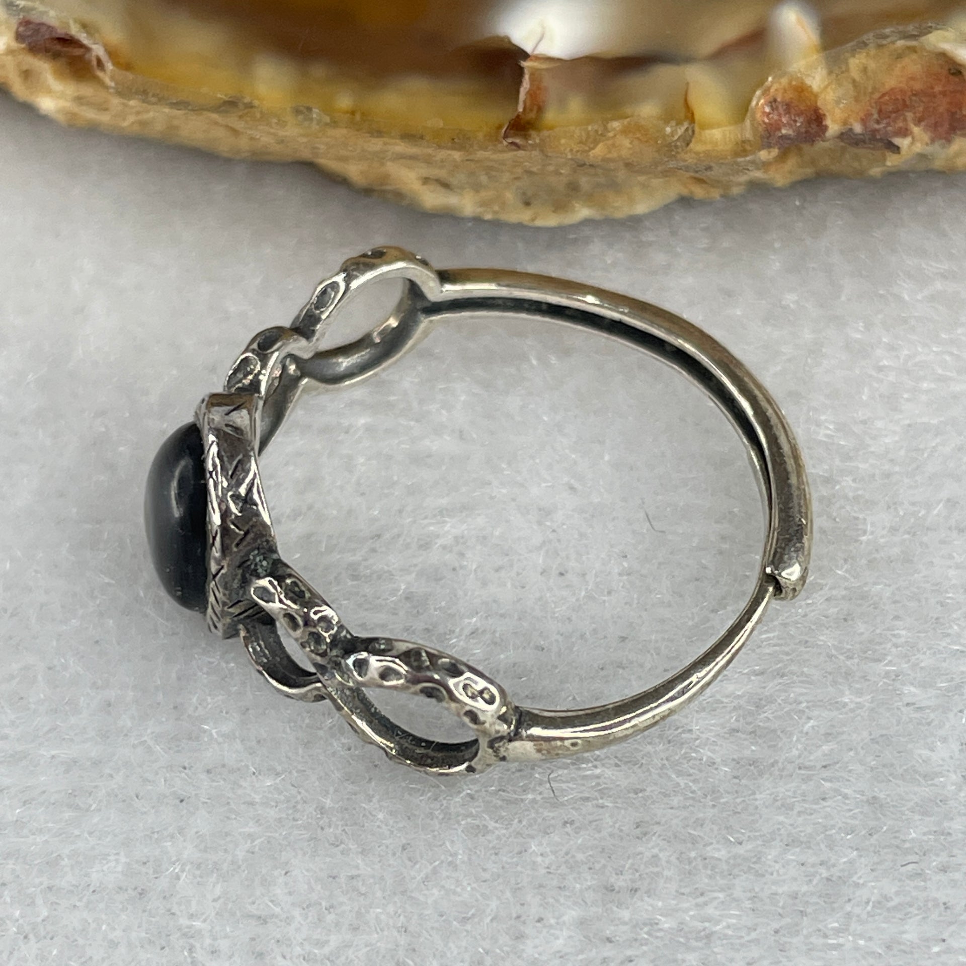 Natural Greyish Black Obsidian Ring in S925 Sliver 1.94g 7.1 by 5.0 by 2.5mm (Adjustable Size) - Huangs Jadeite and Jewelry Pte Ltd