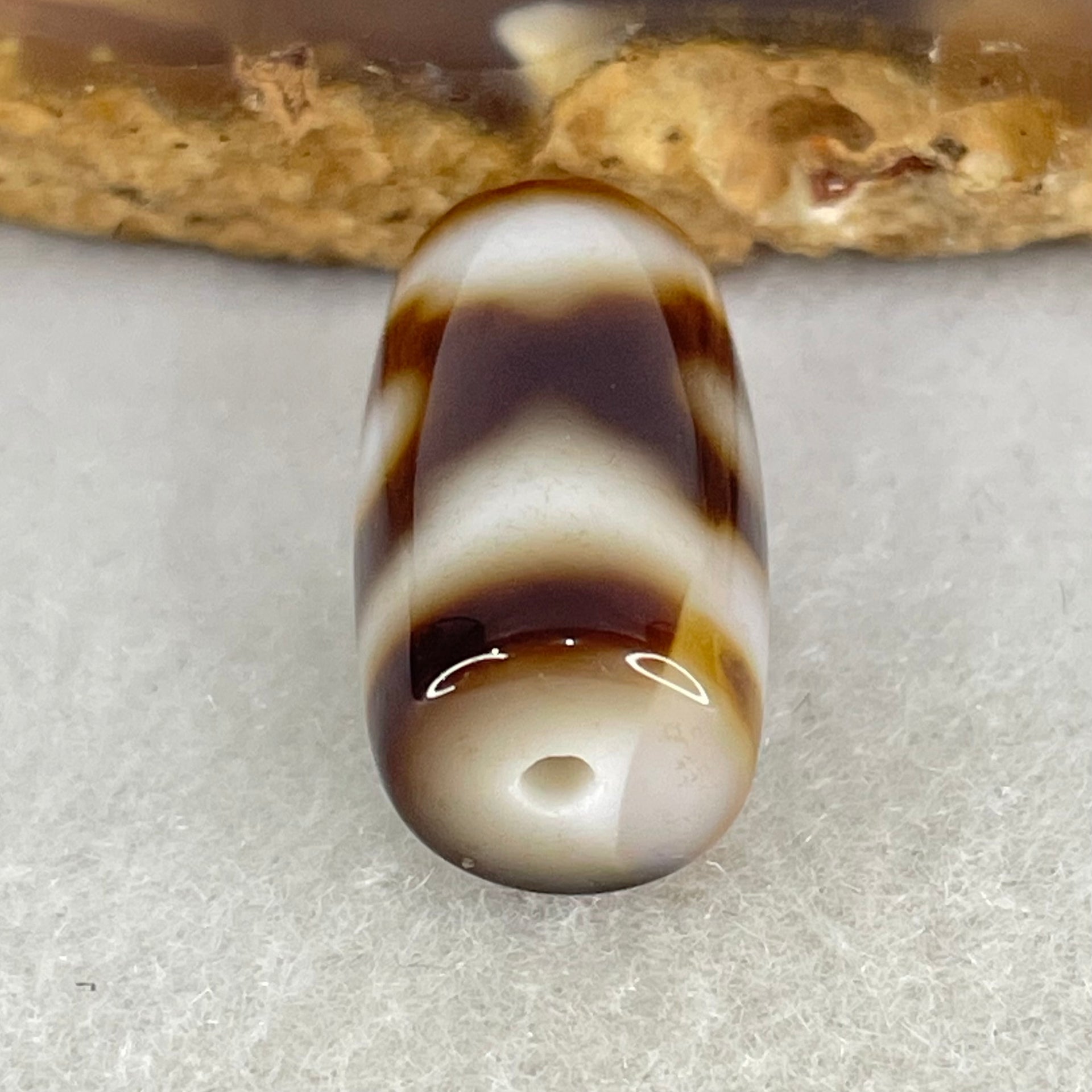 Natural Powerful Tibetan Old Oily Dark Brown With White Agate 3 Eyes Dzi Bead Heavenly Master (Tian Zhu) 三眼天诛 3.92g 19.6 by 10.8mm - Huangs Jadeite and Jewelry Pte Ltd