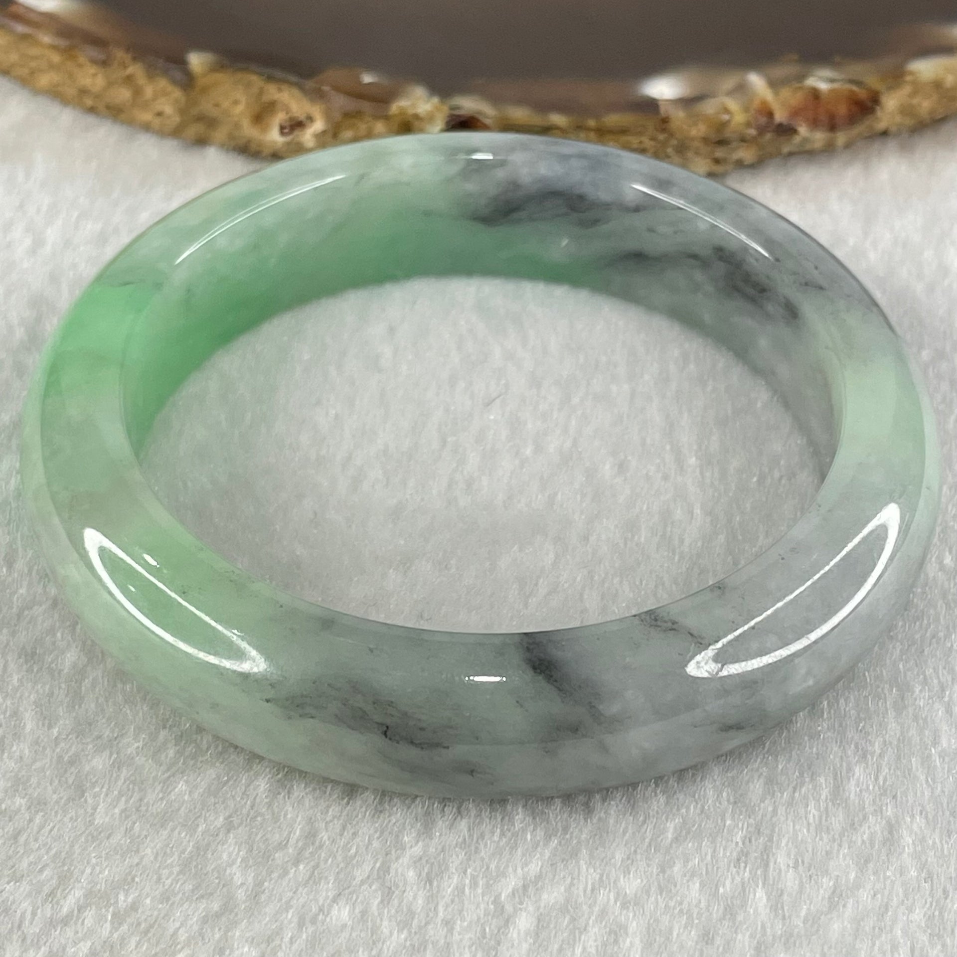 Type A Bright Green with Wuji Grey Black Patches Jadeite Bangle 58.90g Internal Diameter 54.7mm 13.3 by 8.5mm (Fine Internal Lines) - Huangs Jadeite and Jewelry Pte Ltd