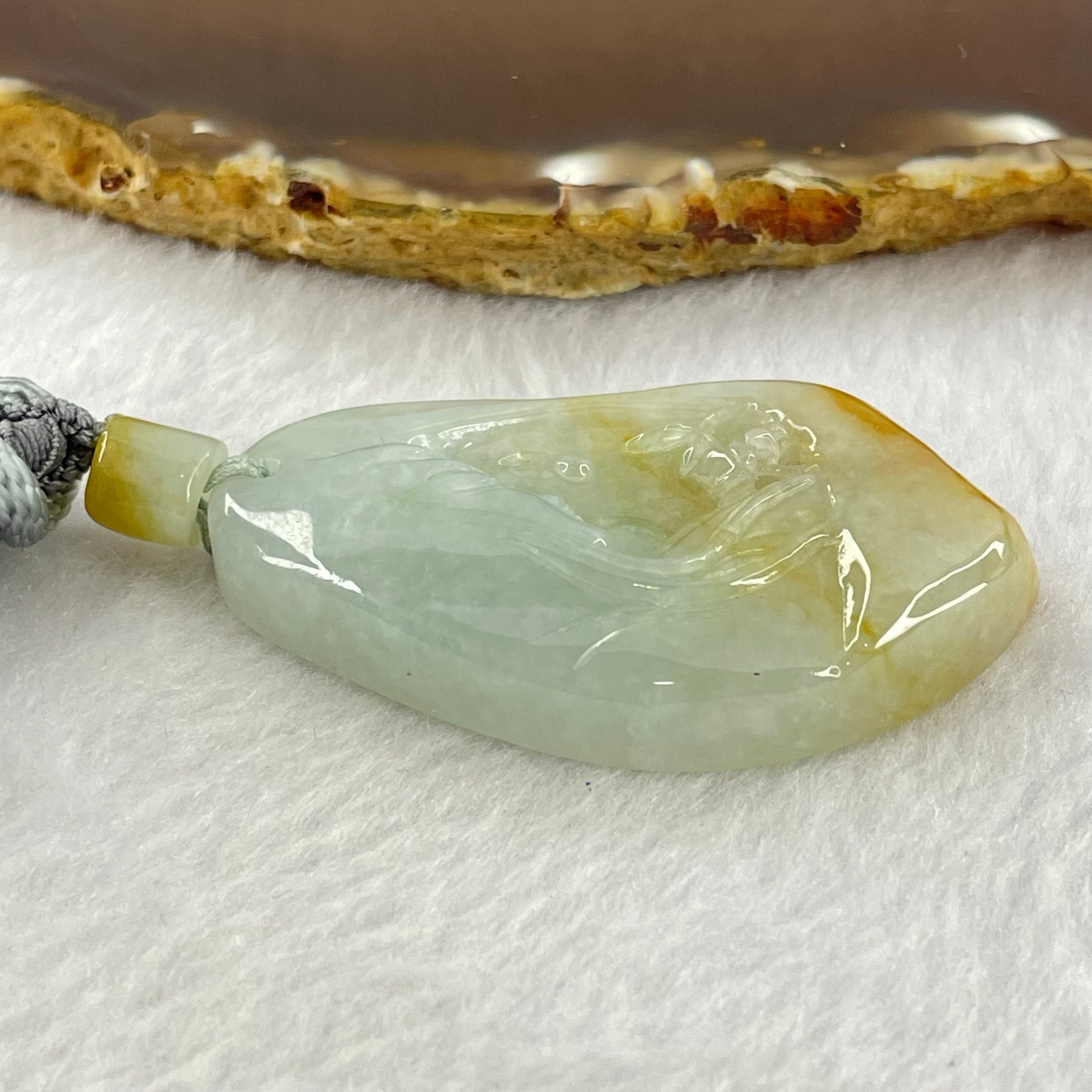 Type A Green  Yellow Lavender Jadeite Guan Yin with Lotus Flower Pendant 35.08g 52.1 by 29.4 by 10.3mm - Huangs Jadeite and Jewelry Pte Ltd