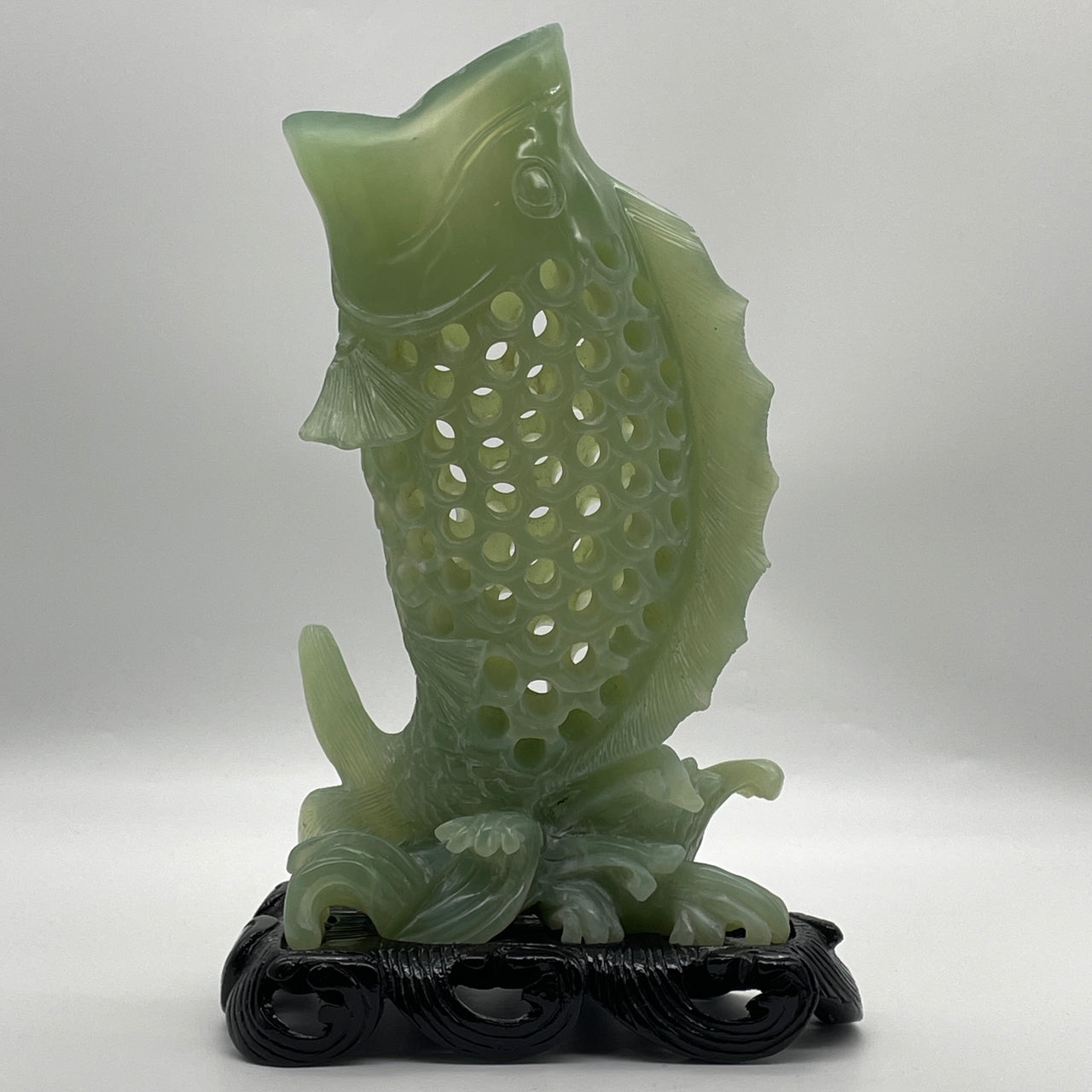 Natural Green Serpentine Carp Fish with Wooden Stand Display 1,721.7g 185.0 by 120.0 by 295.0mm