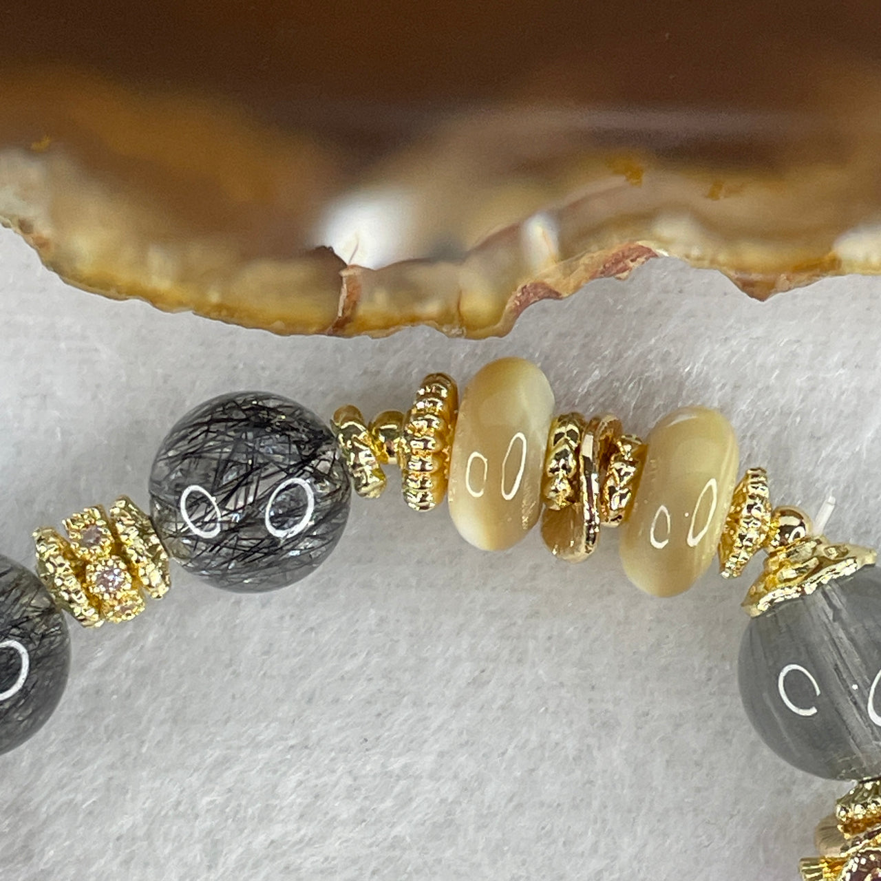 Natural Amethyst, Black Rutilated Quartz & Moonstone Bracelet | 14.5cm Tailored Strand | 10.6x14.9mm Velvet Purple & Matrix-Ink "Gothic Romance" Statement Cluster with Gold Flower Charms (32.66g)