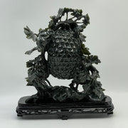 Natural Dark Green Nephrite Cricket Pair on Grapes Plant with Wooden Display 2,429.6g 241.0 by 100.0 by 260.0mm - Huangs Jadeite and Jewelry Pte Ltd