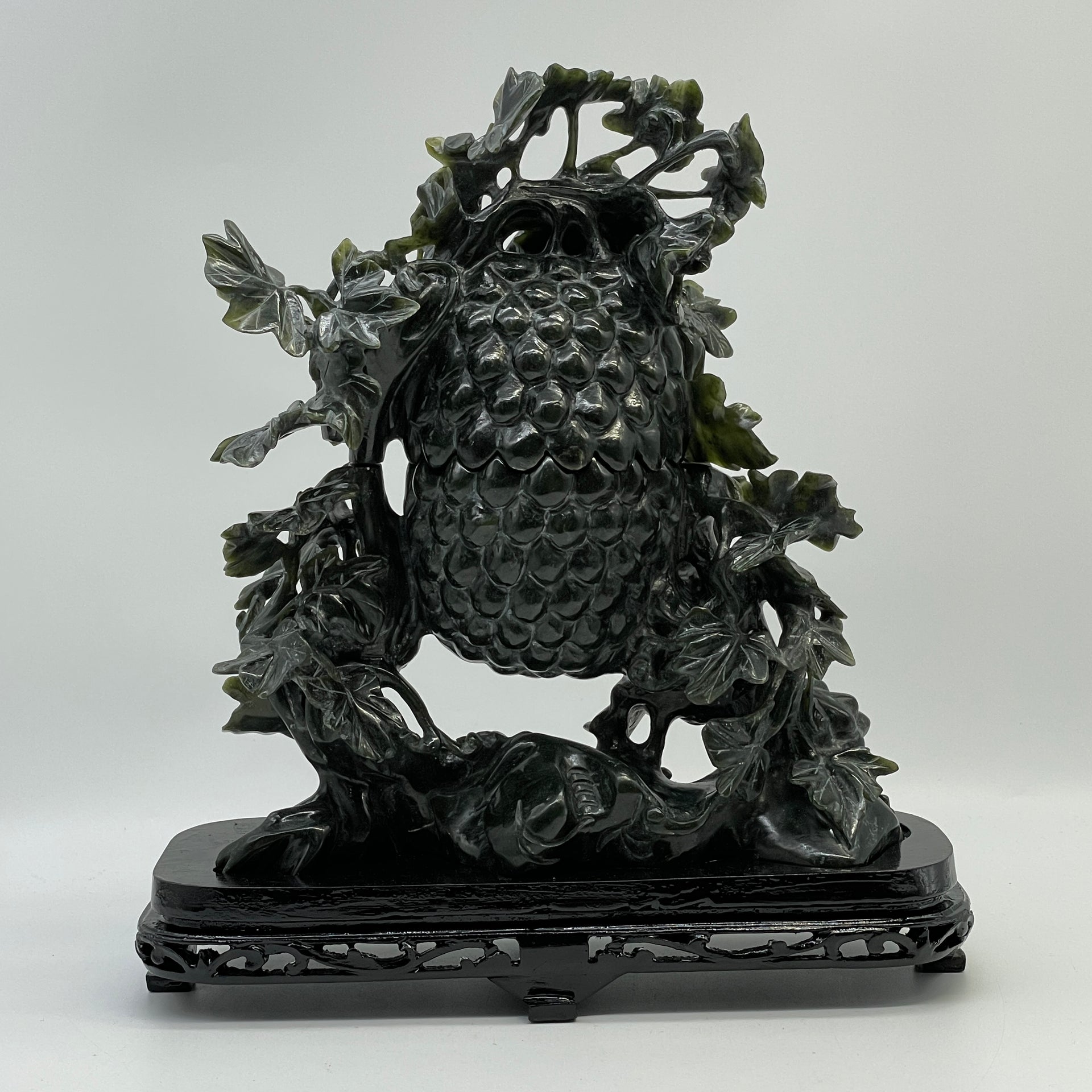 Natural Dark Green Nephrite Cricket Pair on Grapes Plant with Wooden Display 2,429.6g 241.0 by 100.0 by 260.0mm - Huangs Jadeite and Jewelry Pte Ltd