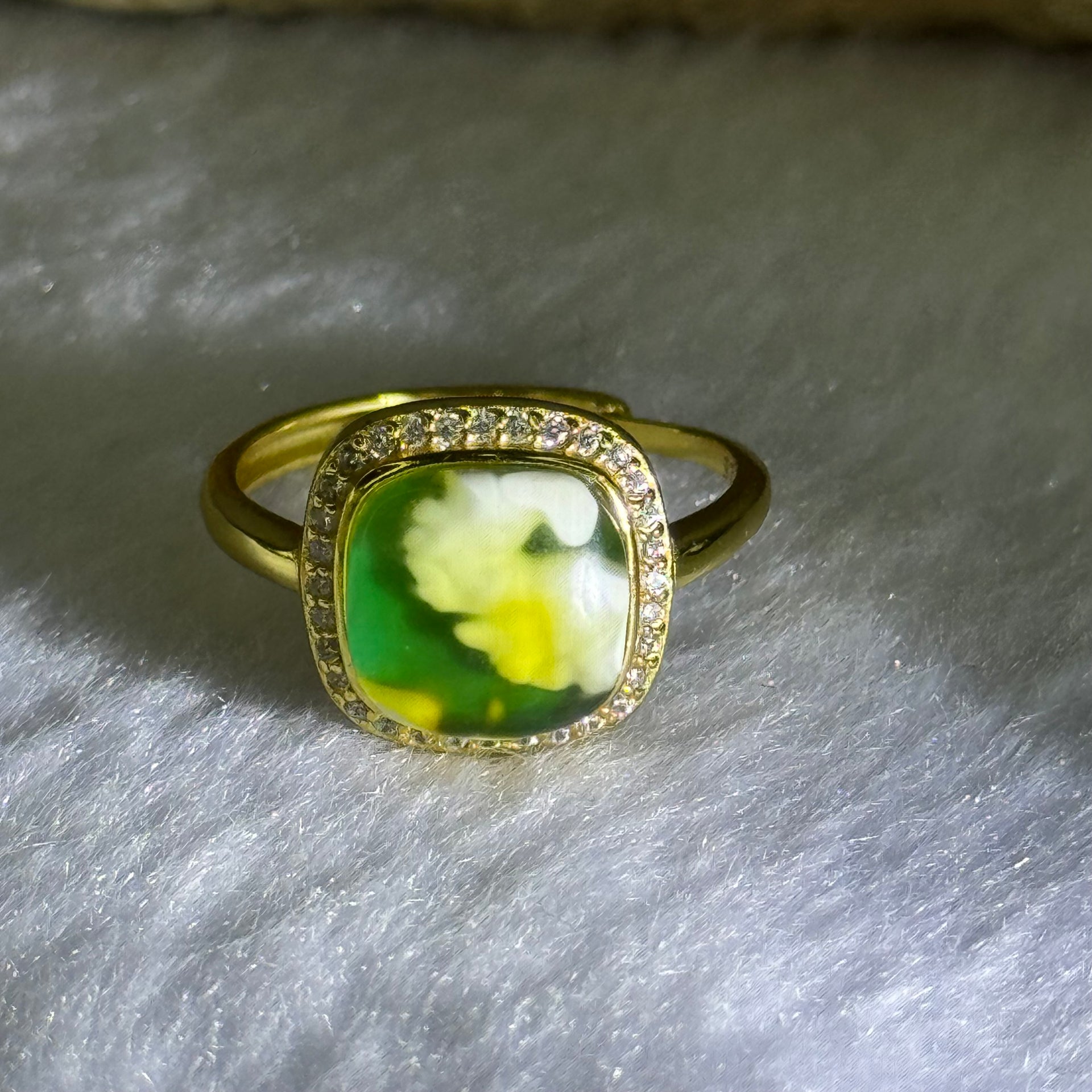 Natural Green Amber with Milk Inclusions in S925 Sliver Gold Color Ring (Adjustable Size) 2.31g 9.5 by 3.0mm - Huangs Jadeite and Jewelry Pte Ltd