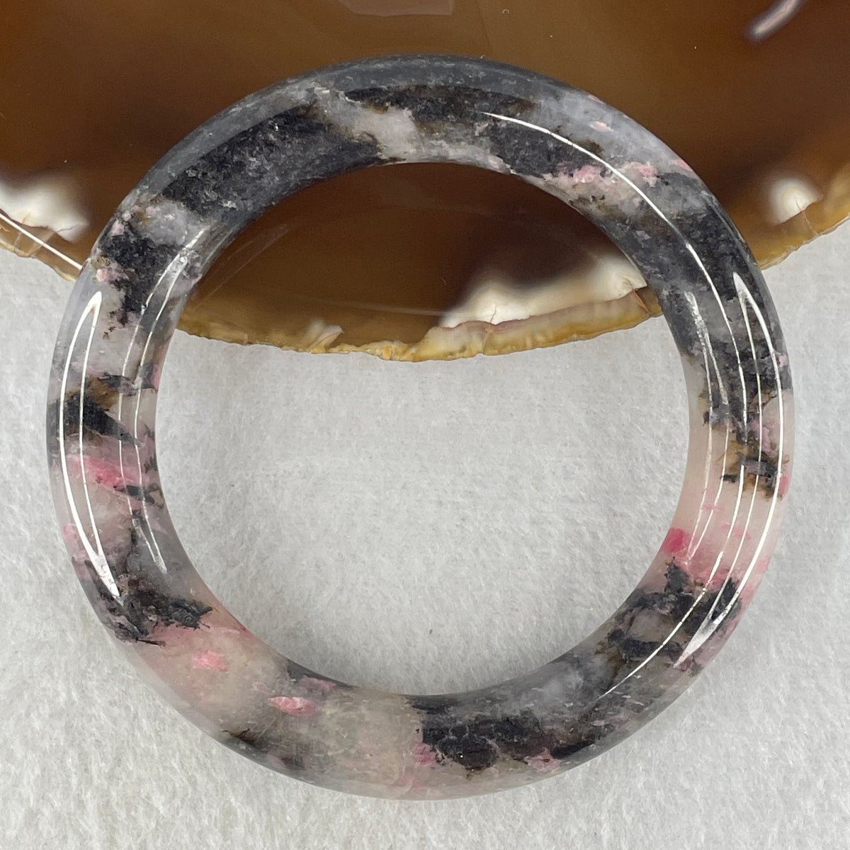 Natural Black & Pink Rhodonite Full Round Bangle | (56.93g | 54.6mm Inner Diameter | 11.0x10.8mm | Very Very Slight Internal Line | Heart & Root Chakra Synergy, Emotional Recovery, Self-Love & Grounding Shield)