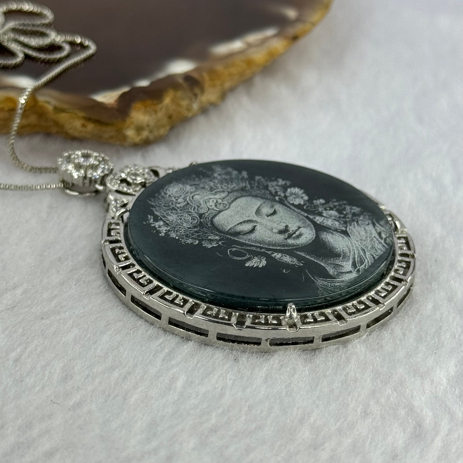 Type A Dark Blueish Green Jadeite Guan Yin 37.3 by 2.0mm with Crystals Pendant in S925 Sliver Necklace 15.30g - Huangs Jadeite and Jewelry Pte Ltd