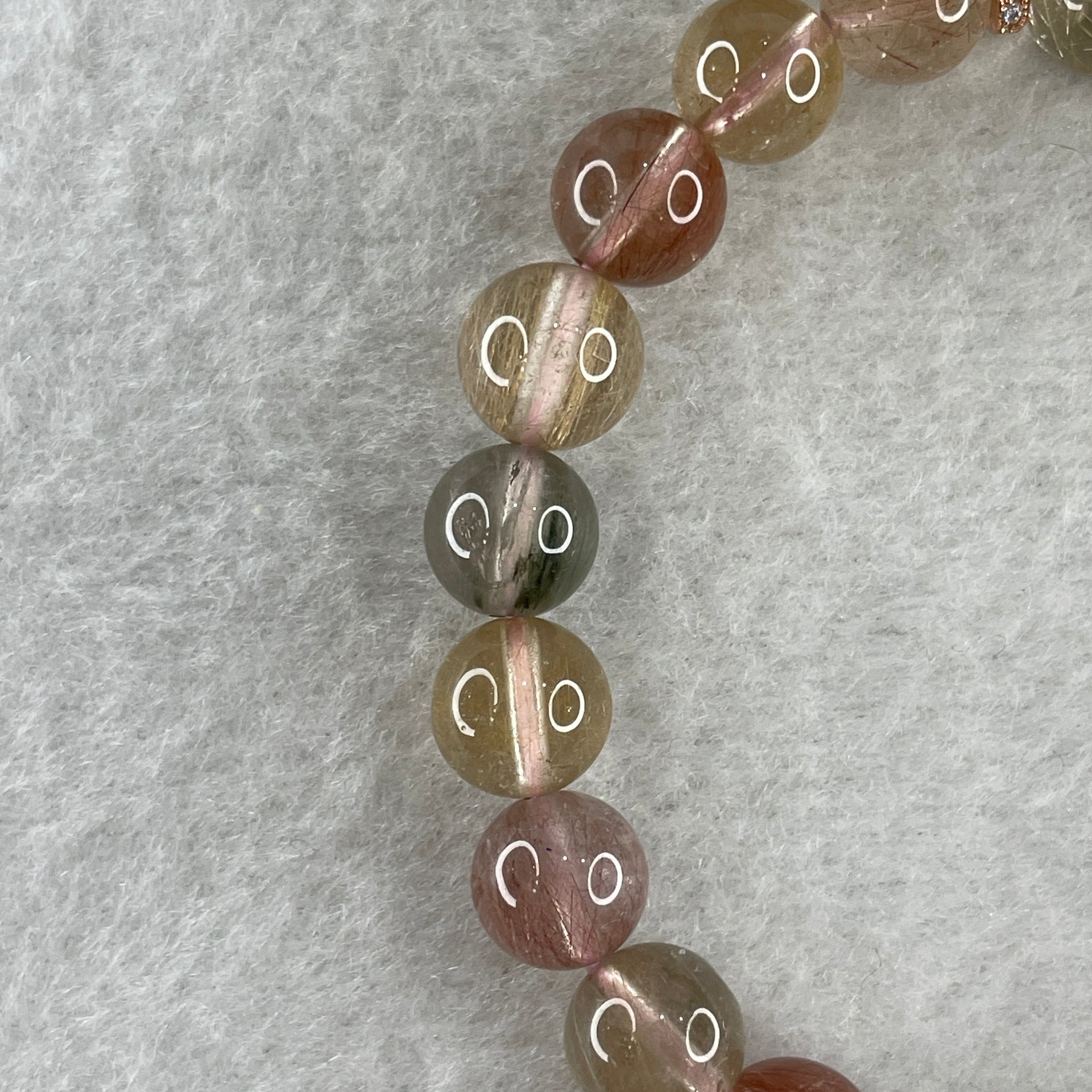 Natural Pinkish with Green Rabbit Hair Rutilated Quartz Beads Bracelet 20.16g 16cm 9.2mm 22Beads - Huangs Jadeite and Jewelry Pte Ltd
