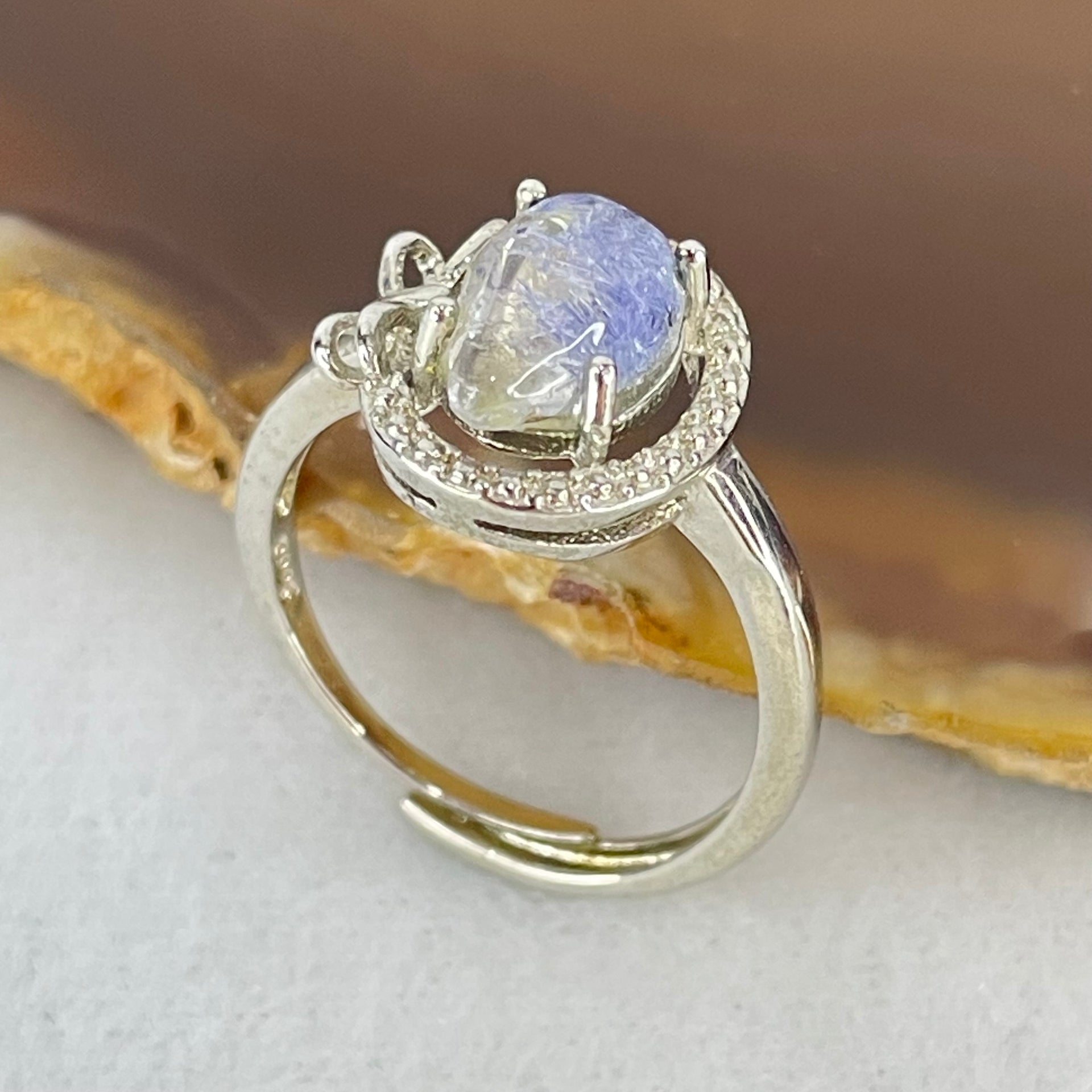 Rare Good Grade Natural Blue Dumortierite Rutilated Quartz in S925 Sliver Ring (Adjustable Size) 2.23g 9.8 by 6.7 by 3.6mm - Huangs Jadeite and Jewelry Pte Ltd