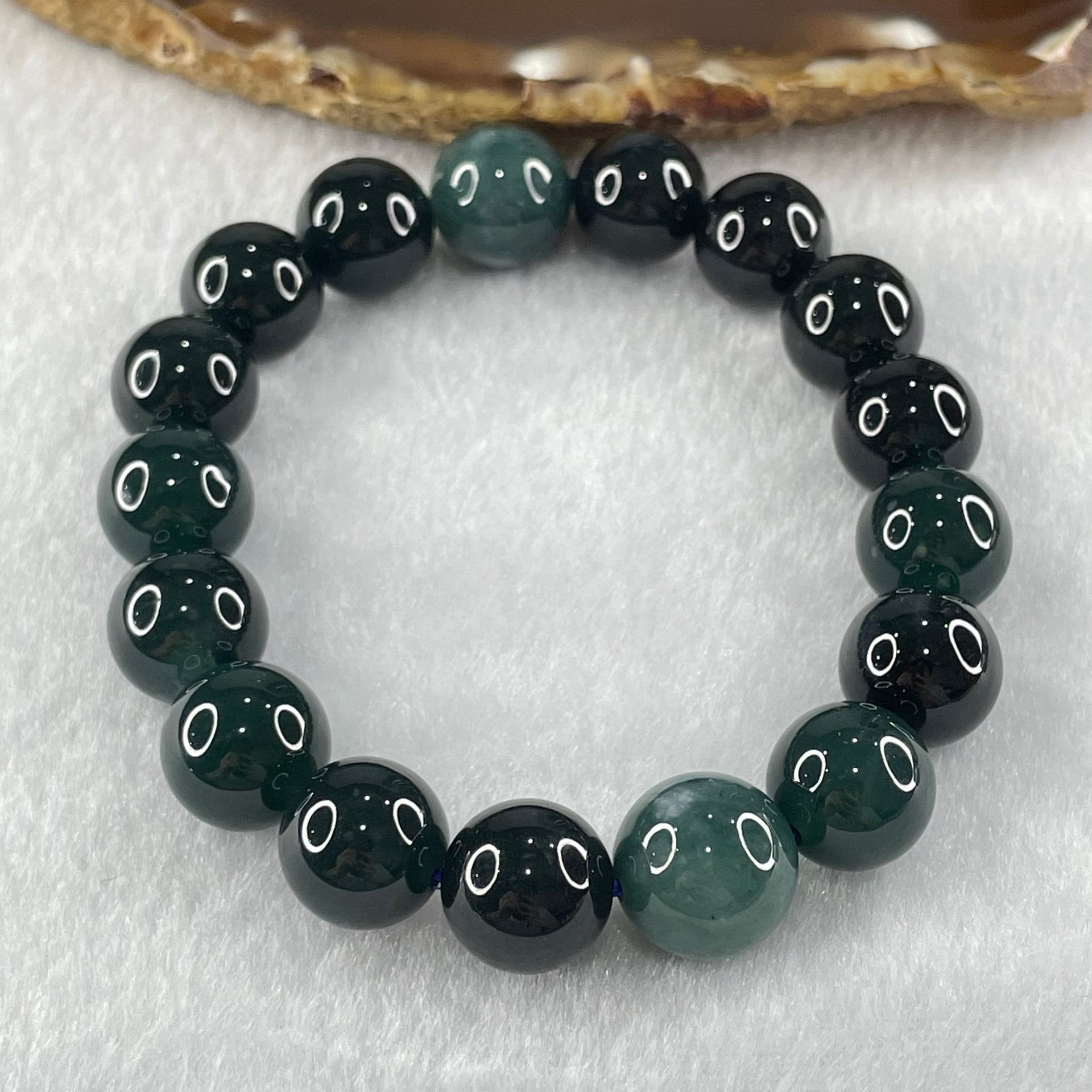 Type A Old Mine Dark Blueish Green Jadeite Beads Bracelet 50.00g 17cm 12.8mm 2 Beads 11.9mm 15 Beads - Huangs Jadeite and Jewelry Pte Ltd
