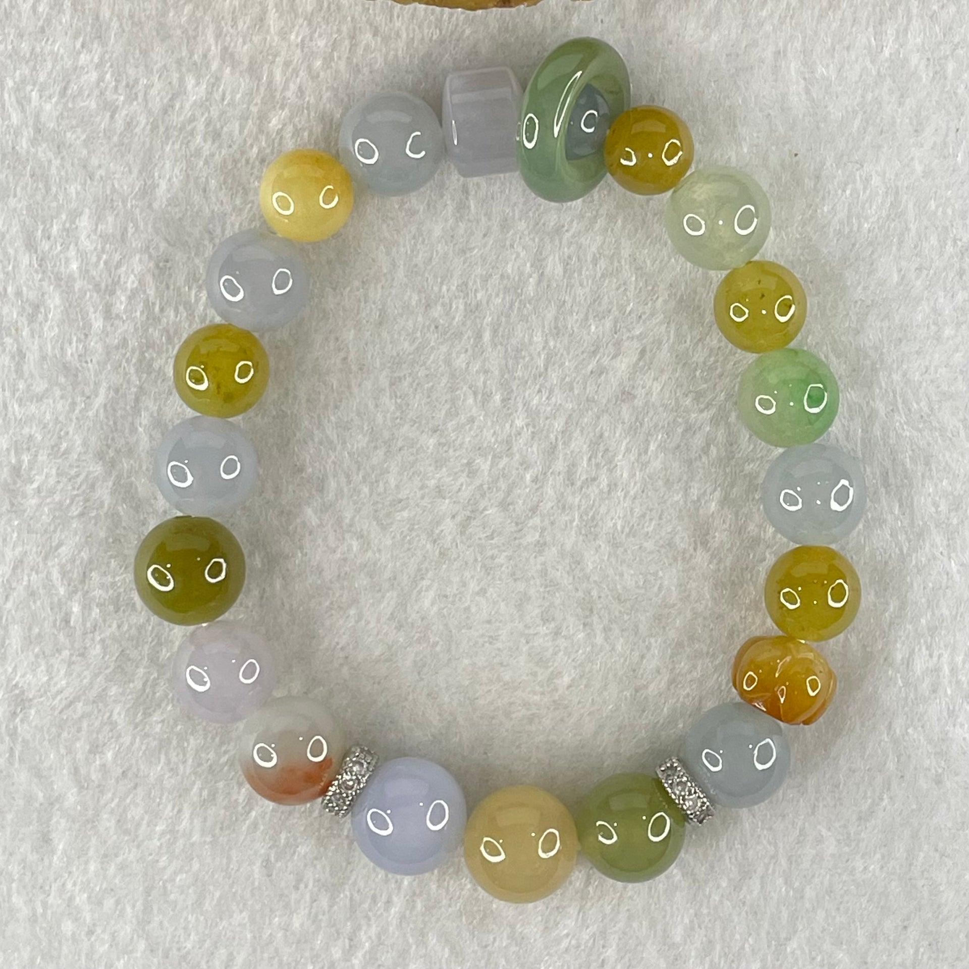 Type A Muti Color Jadeite Beads with Blueish Green Ping An Kou Donut Charm and Yellow Lotus Charm Bracelet 27.01g 15cm 9.9mm 18 Beads 14.5 by 4.1mm 1pcs - Huangs Jadeite and Jewelry Pte Ltd