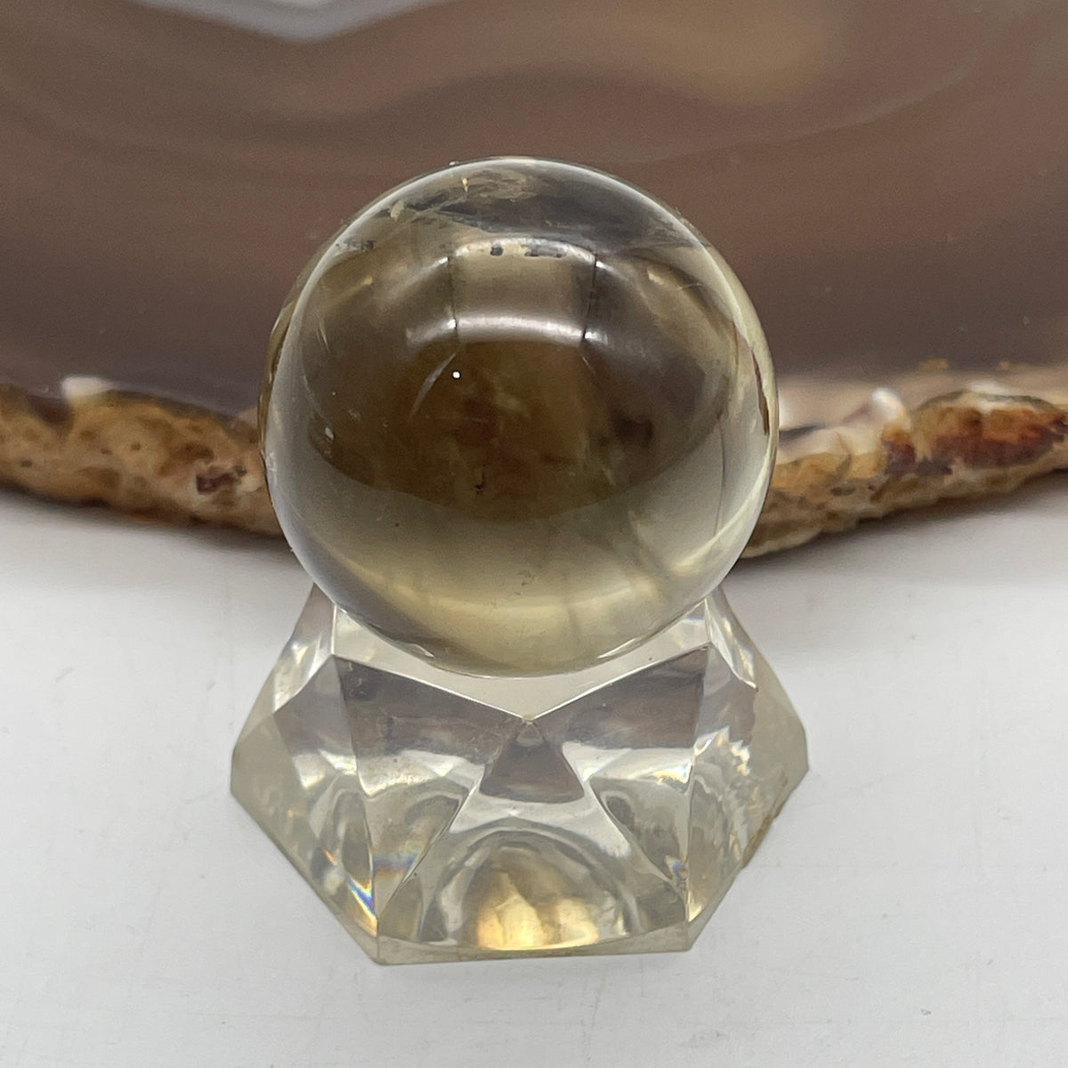 Natural Smoky Quartz Mini Sphere Ball with Clear Acrylic Stand Display | (38.78g | 28.0mm | 39.7mm | Anchor, Stress Dissolver & EMF Shield, 360° Energy Harmonizer & Feng Shui Grounding Catalyst)